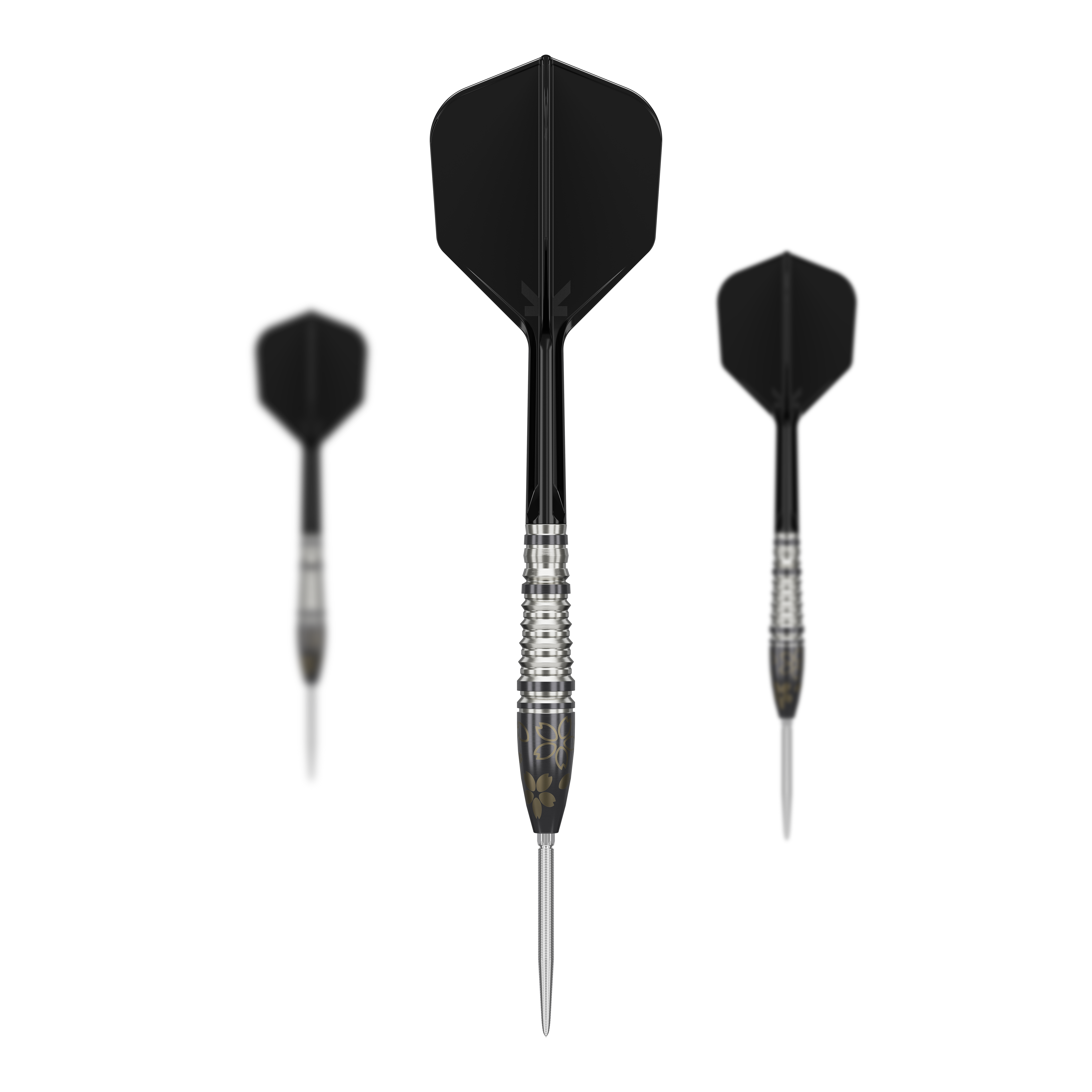 Das Bild zeigt drei Steeldarts mit silbernen Spitzen und schwarzen Flights. Es handelt sich um das Produkt "Target Japan Junya Koikawa Charm Smash GEN3 Swiss Point Steeldarts - 23g".
