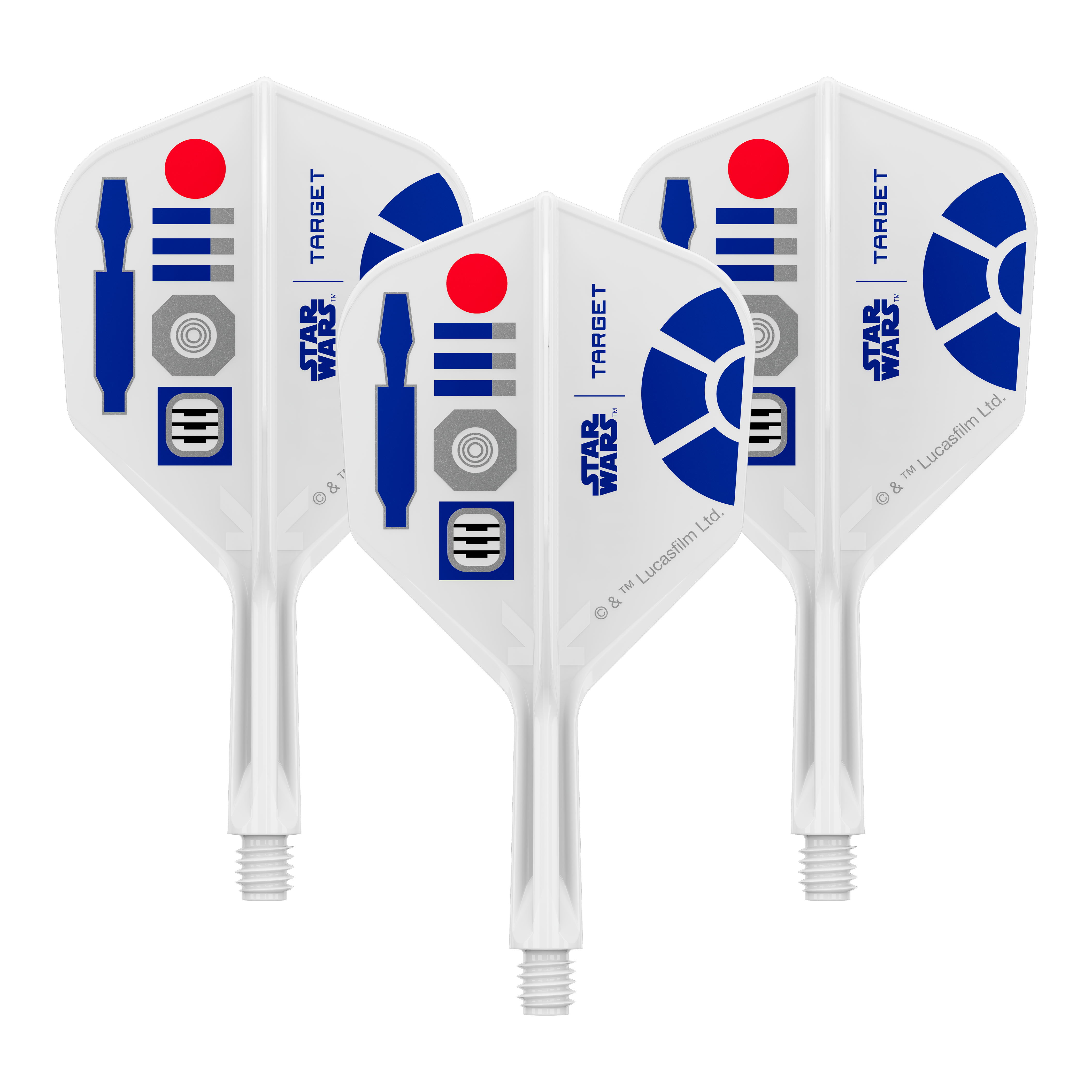 Abgebildet sind Dart-Flights mit Star Wars R2D2 Motiv und dem Dateinamen 410510_Target_StarWars_KFlex_R2D2_No6_Flights_Short_19mm_1Set. Es handelt sich um ein Set kurzer Dart-Flights.
