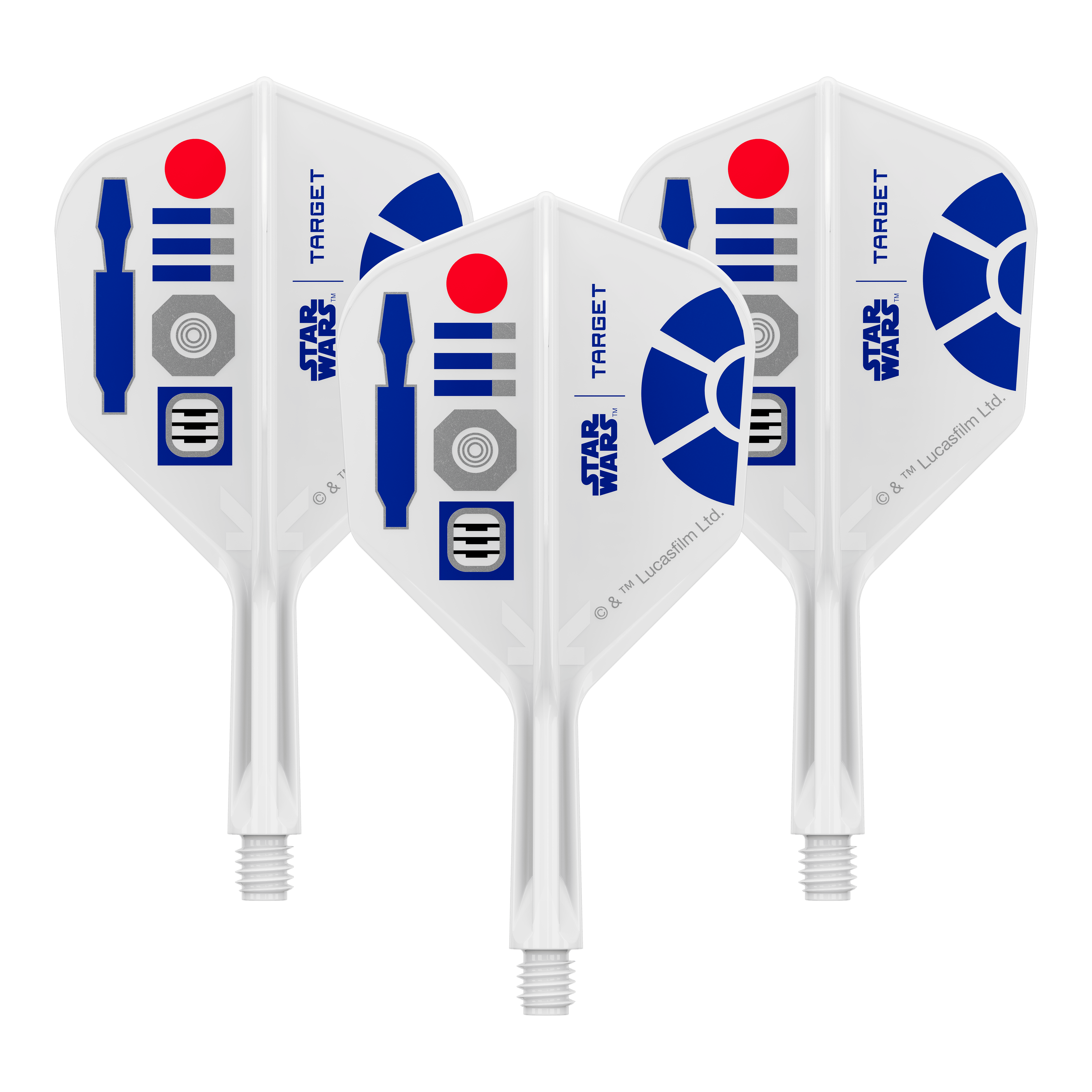 Target Star Wars K-Flex R2D2 No6 Flights Abgebildet sind Dart-Flights mit Star Wars R2D2 Motiv und dem Dateinamen 410510_Target_StarWars_KFlex_R2D2_No6_Flights_Short_19mm_1Set. Es handelt sich um ein Set kurzer Dart-Flights.