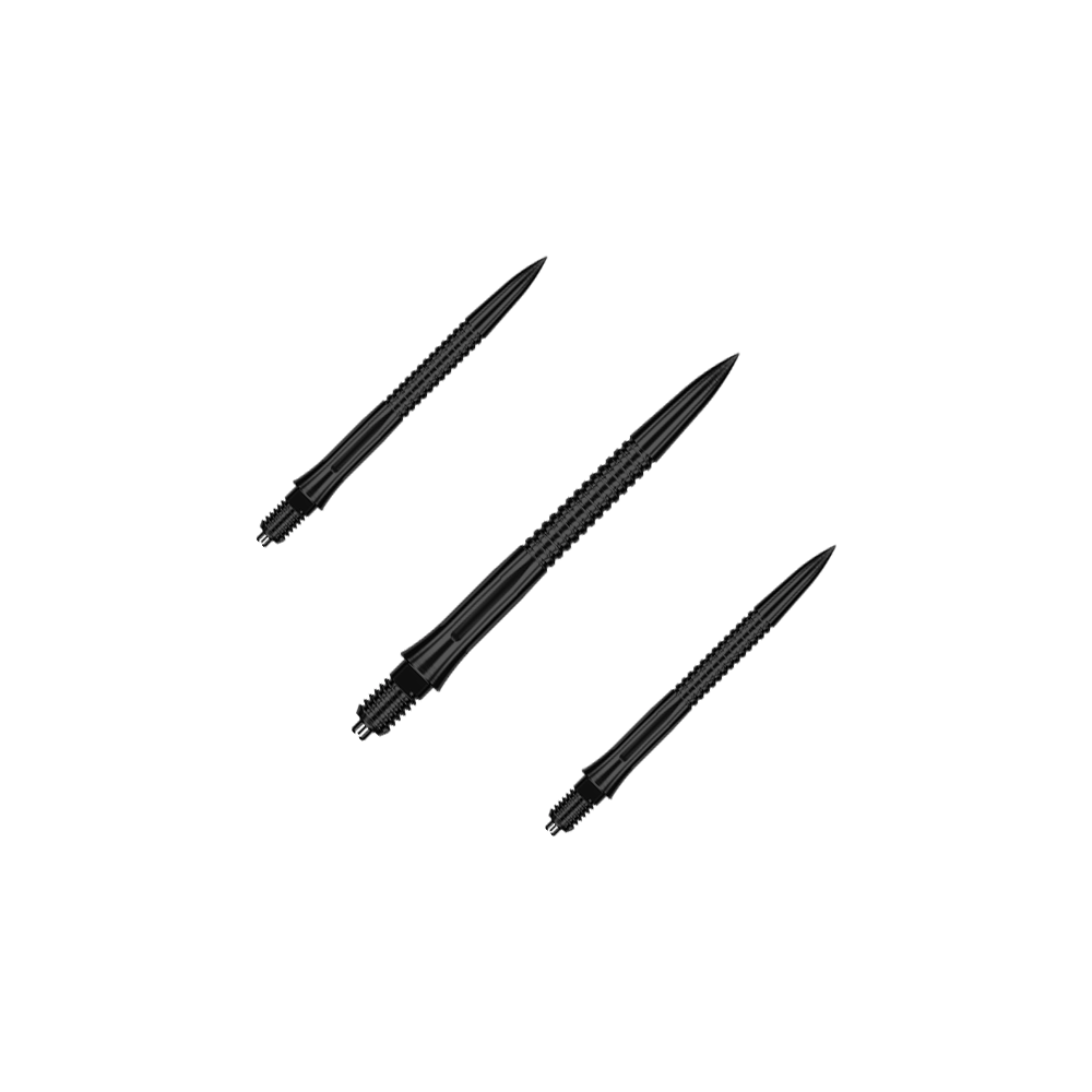 Końcówki do lotek Caliburn EZ-EVO – rowkowane – czarne Das Bild zeigt ein Set EVO201 Caliburn EZ-EVO Dartspitzen mit Rillen in Schwarz, jeweils 28 mm lang. Das Set ist ideal für Dartliebhaber und Vielspieler.