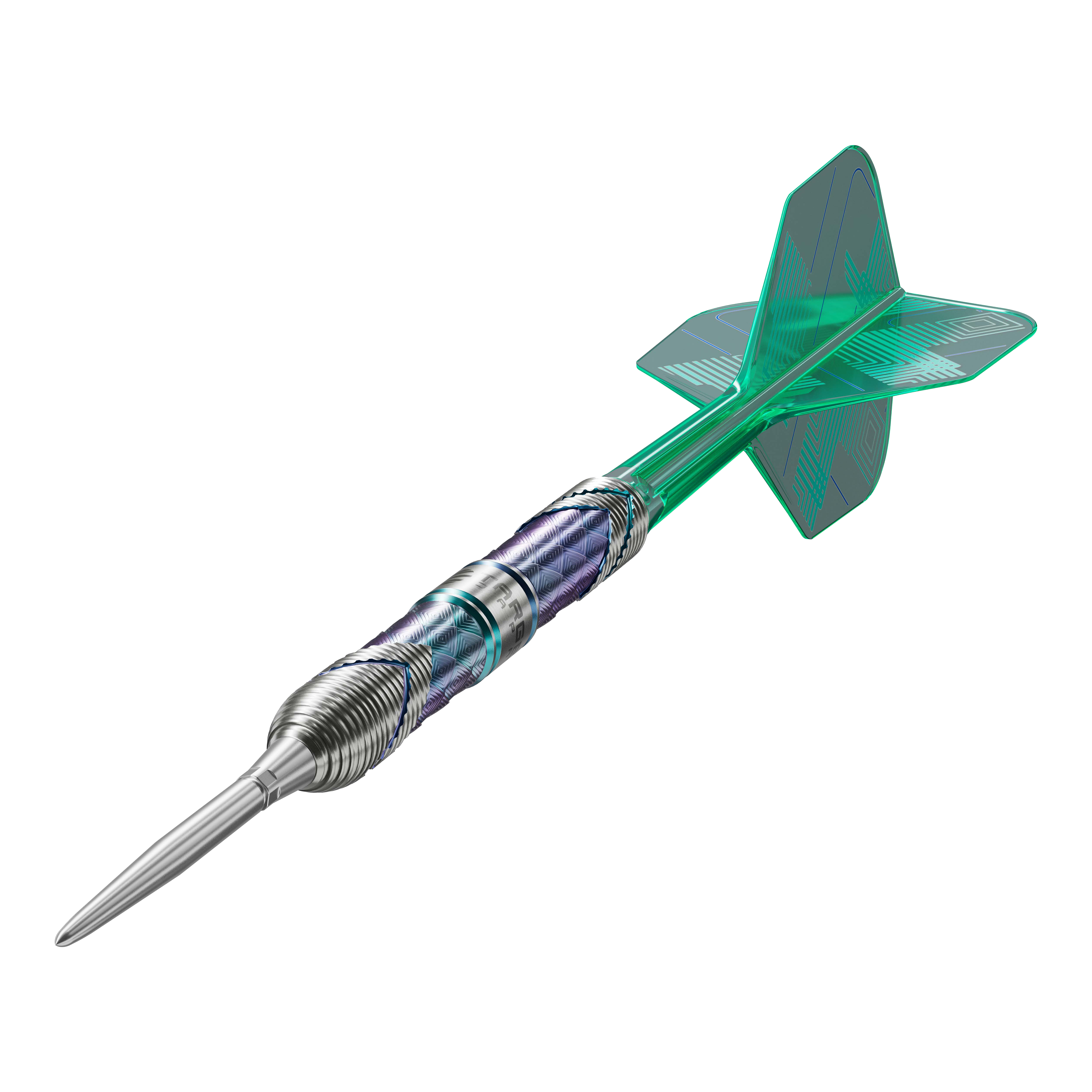 Das Bild zeigt den Target Japan Kaze Series Ceros 03 Steeldart mit einem Gewicht von 24g. Der Dart hat einen silbernen, strukturierten Barrel und grüne Flights.