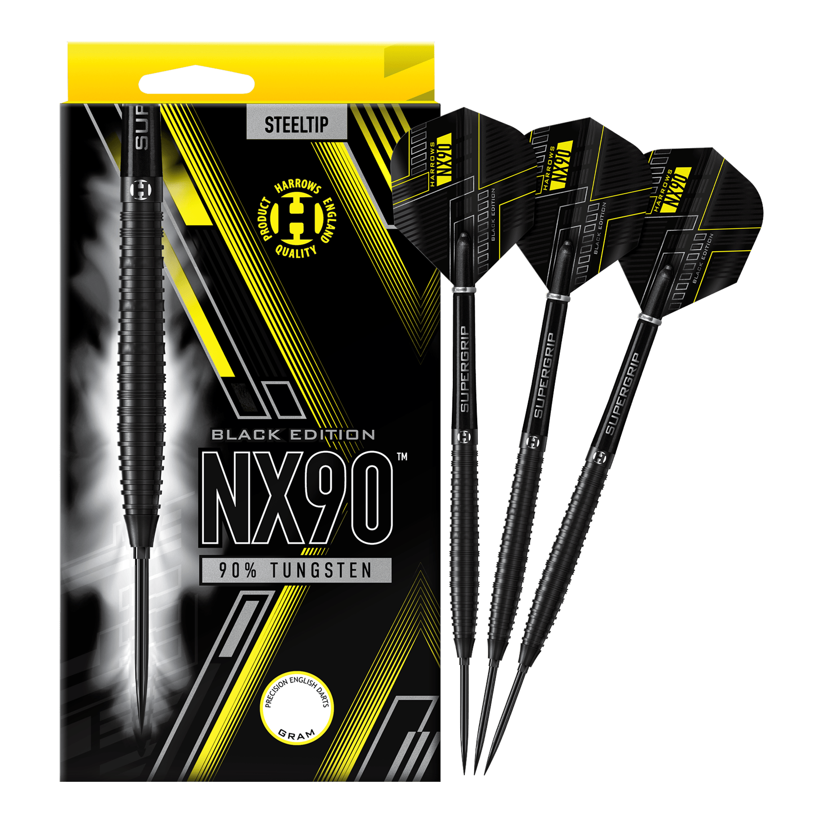 Abgebildet sind die Harrows NX90 Black Edition Tapered Quick Point Steeldarts. Die schwarzen Steeldarts haben eine schlanke, konische Form.