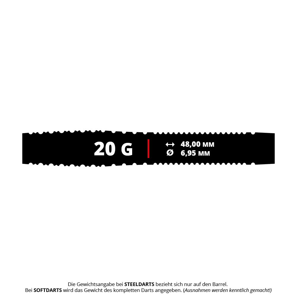 Miękkie lotki Mission Venom - 20g Das Bild zeigt die Produktdetails der Mission Venom Softdarts mit einem Gewicht von 20 Gramm. Die Länge beträgt 48,00 mm und der Durchmesser 6,95 mm.