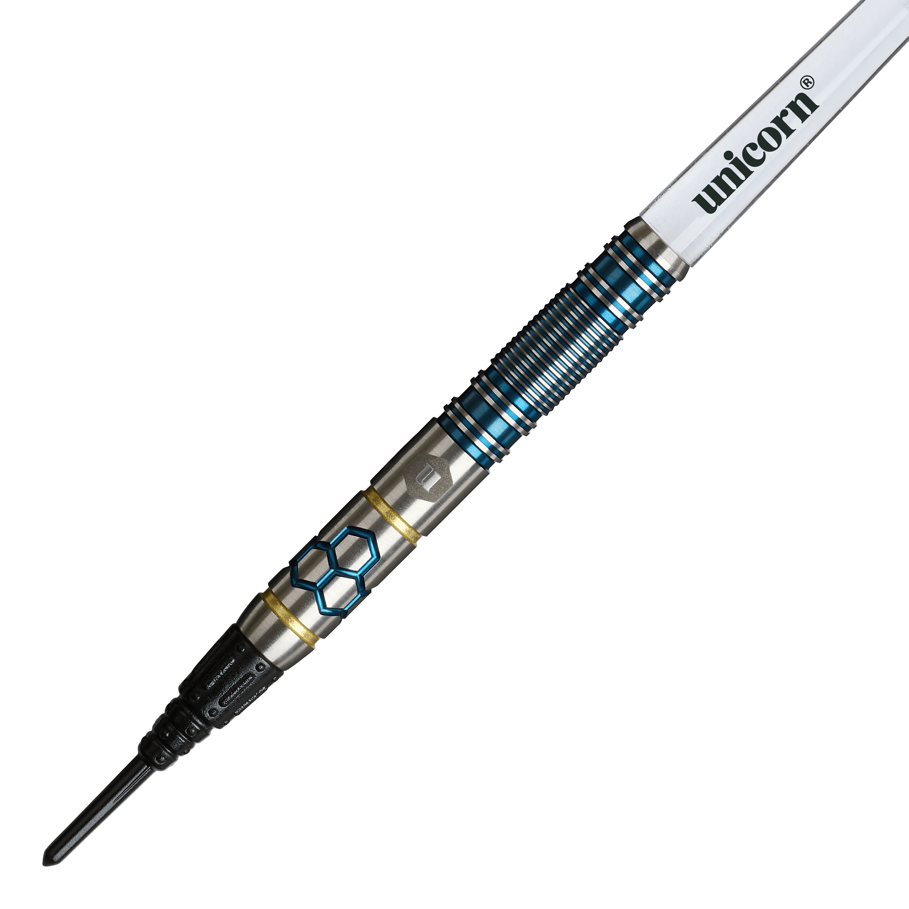 Unicorn Hexium Style 02 Niebiesko-złote miękkie lotki - 21 g Unicorn Hexium Style 02 Blue & Gold Softdarts - 21g ist auf diesem Bild zu sehen. Die Softdarts sind in den Farben Blau und Gold gestaltet.