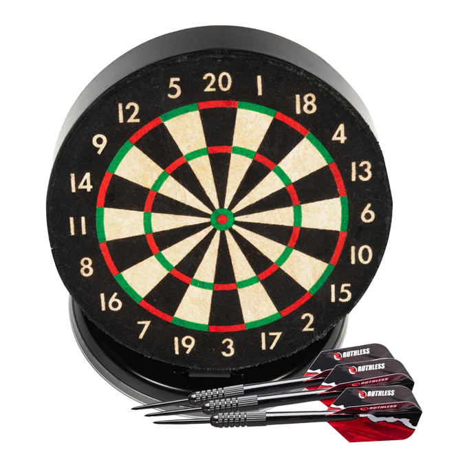 Zestaw do darta Ruthless Mini Desktop Das Bild zeigt das Produkt "Ruthless Mini Desktop Dartboard Set" mit einer kleinen Dartscheibe. Vor der Scheibe liegen drei schwarze Dartpfeile mit roten Flights.
