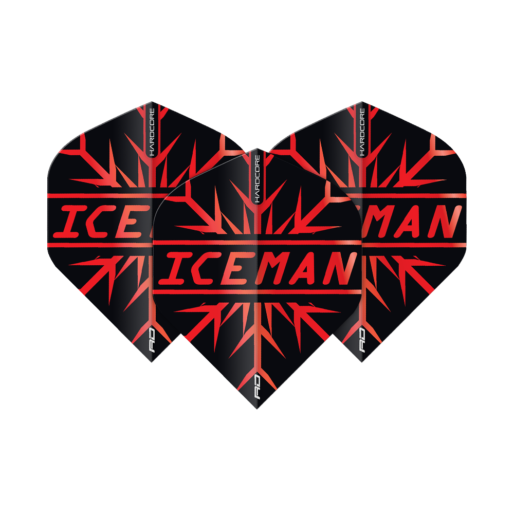 TF6872_Red_Dragon_Hardcore_Gerwyn_Price_Red_Premium_Standard_Flights_1sJxbXKHalcv1a Das Bild zeigt drei Dart-Flights in Schwarz mit roten Mustern und der Aufschrift „ICEMAN“. Oben steht „Hardcore“ und unten rechts ist das "RD"-Logo zu sehen.