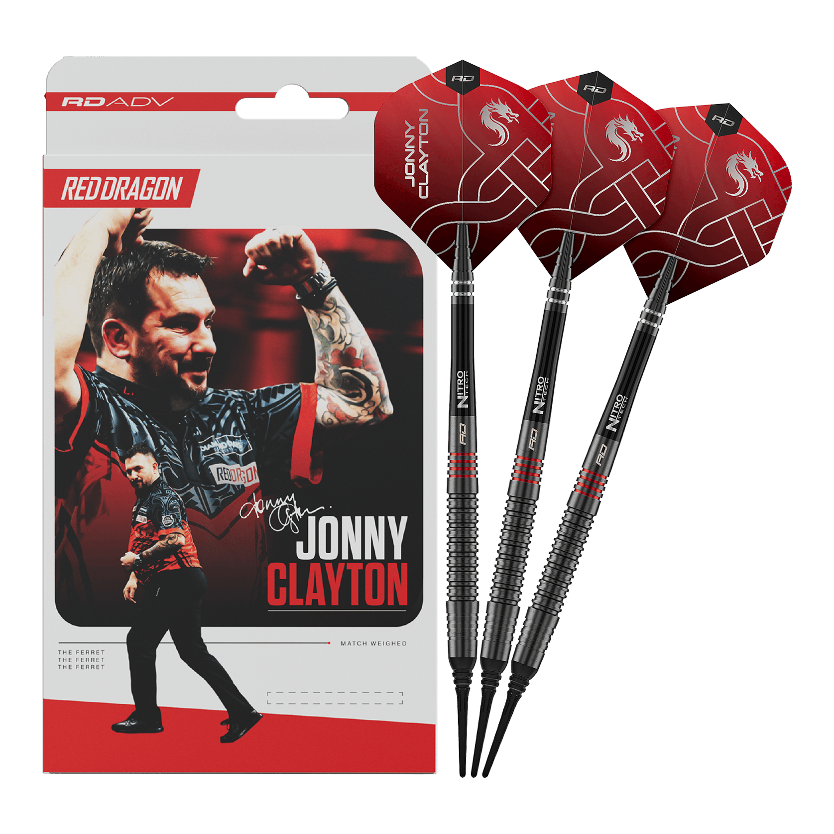 Miękkie lotki Red Dragon Jonny Clayton RD-ADV - 18g Das Foto zeigt die Red Dragon Jonny Clayton RD-ADV Softdarts - 18g. Die volle Länge des Darts ist abgebildet.