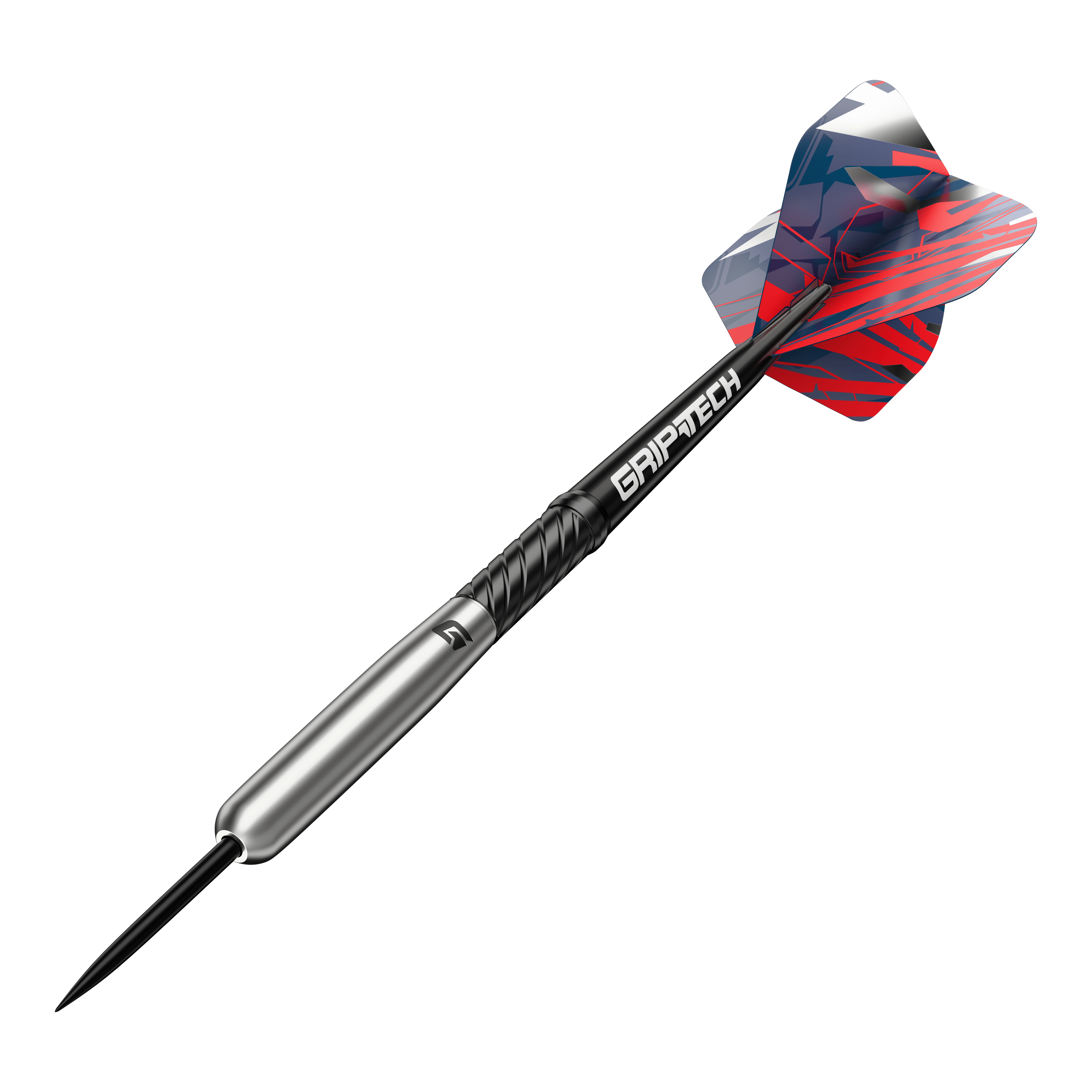 Lotki baseballowe GOAT Homerun ze stali wolframowej Das Bild zeigt einen GOAT Homerun Baseball Tungsten Steeldart mit farbigem Flight und schwarzem Schaft. Der Dart hat einen silbernen Körper und trägt die Aufschrift "GRIPTECH".