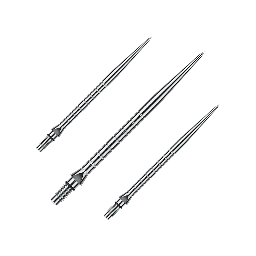 Stalowe groty do lotek Winmau Switch Point Wave – efekt srebrny Das Bild zeigt Steeldartspitzen mit silbernem Effekt, wahrscheinlich 40 mm lang. Die Dartspitzen sind für das Spiel mit Steeldarts bestimmt.