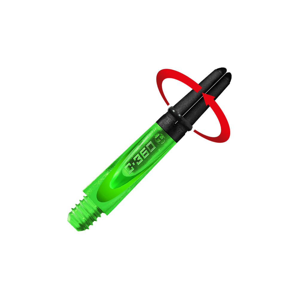 HR452_Harrows_Carbon_360_Shafts_Gr-n_35mm_2_Symbol Das Bild zeigt einen grünen Dart-Schaft mit schwarzem oberen Teil. Auf dem Schaft steht die Aufschrift "C-360".