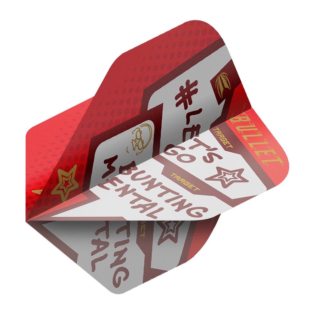 Target Pro Ultra Stephen Bunting Mental No2 Standard Flights - 3 Sets Das Bild zeigt ein Dart-Flight mit der Aufschrift „BUNTING MENTAL“ und „LET’S GO“. Das Flight hat ein rotes und weißes Design mit gelben und braunen Akzenten.