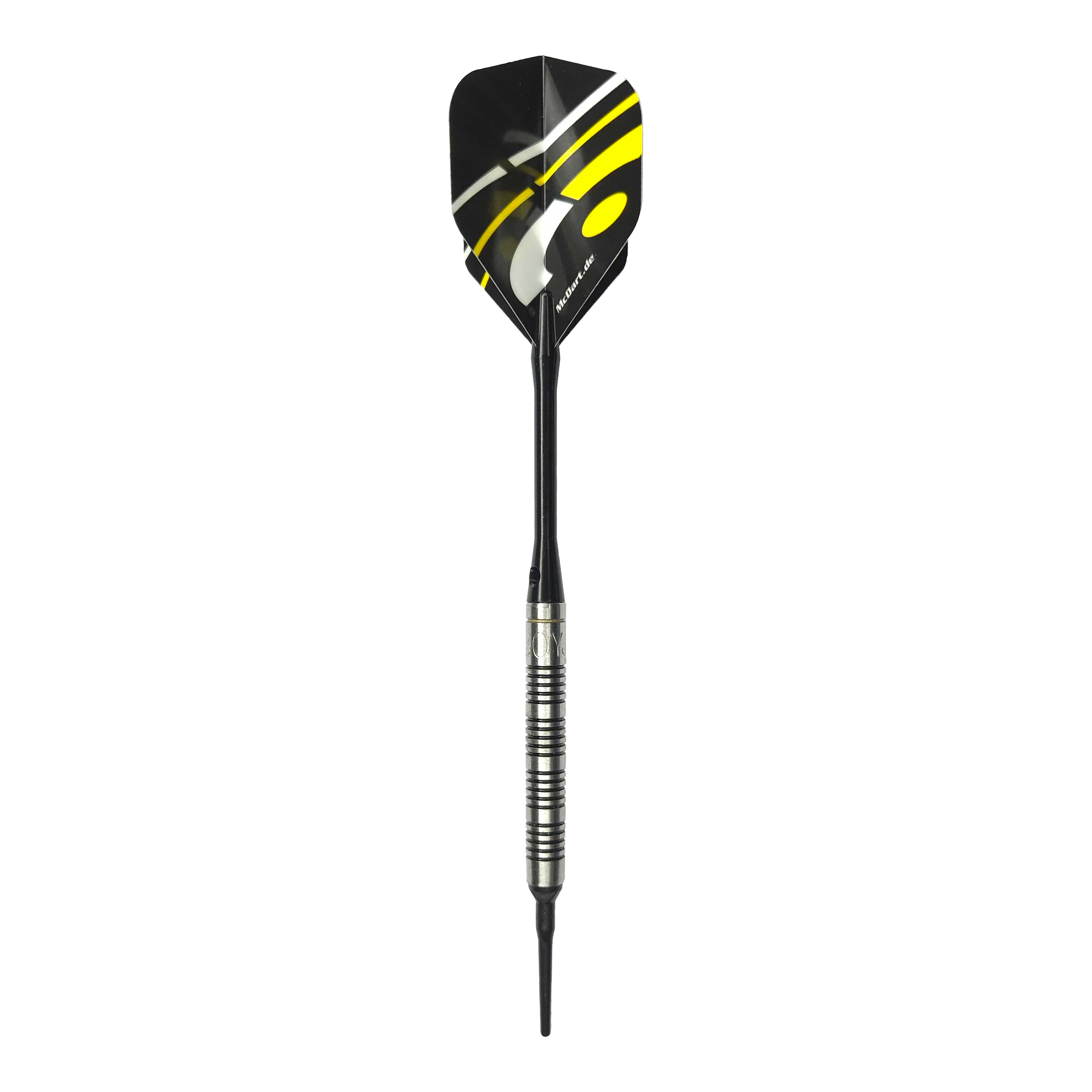 Softdarts McDart 85 Tungsten V17 - 16,5g Das Bild zeigt den McDart 85er Tungsten V17 Softdart mit einem Gewicht von 16,5g. Der Dart hat ein modernes Design mit schwarzen und gelben Akzenten auf den Flights.