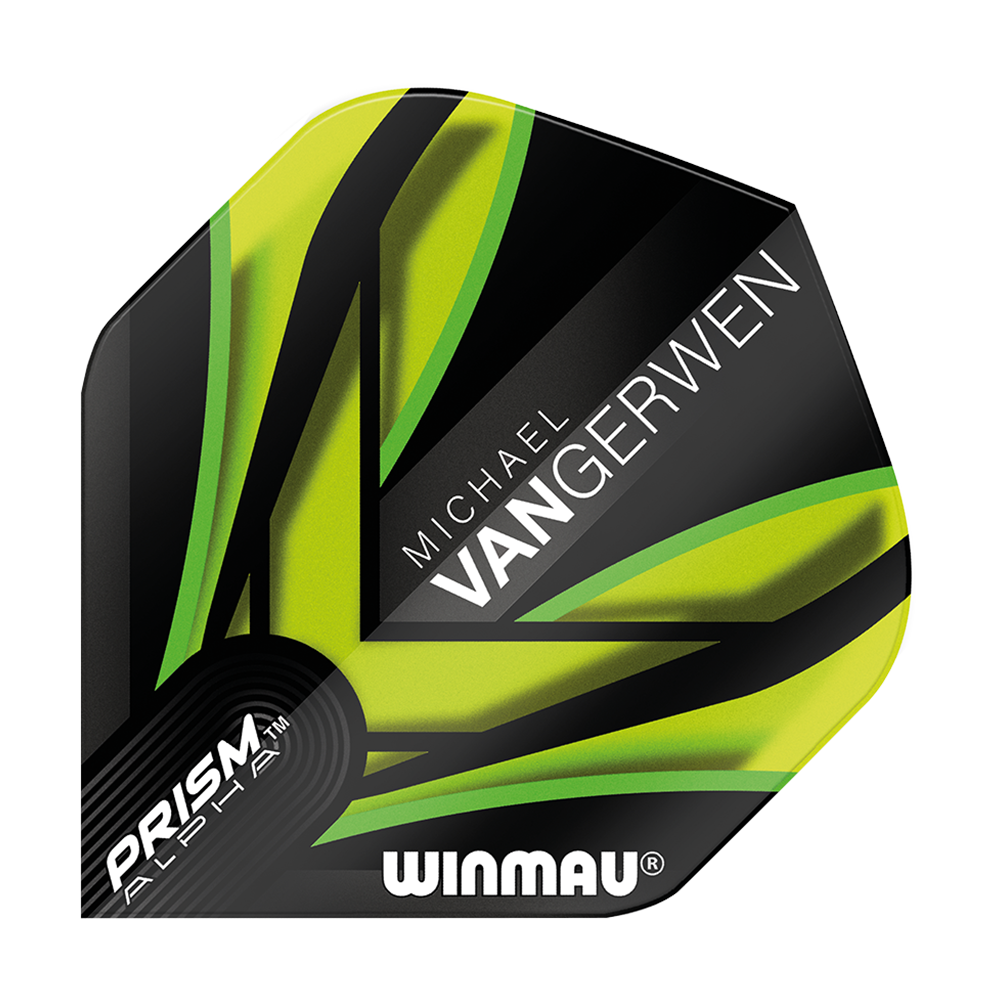 6915-145_Winmau_Prism_Alpha_MvG_Black_Green_V2_Standard_Flights_1x7JcQ6h7kBRAx Dies ist ein Winmau Prism Alpha MvG Black Green V2 Standard Flight. Das Design ist überwiegend schwarz mit auffälligen grünen und gelben Akzenten sowie dem Namen "Michael van Gerwen".