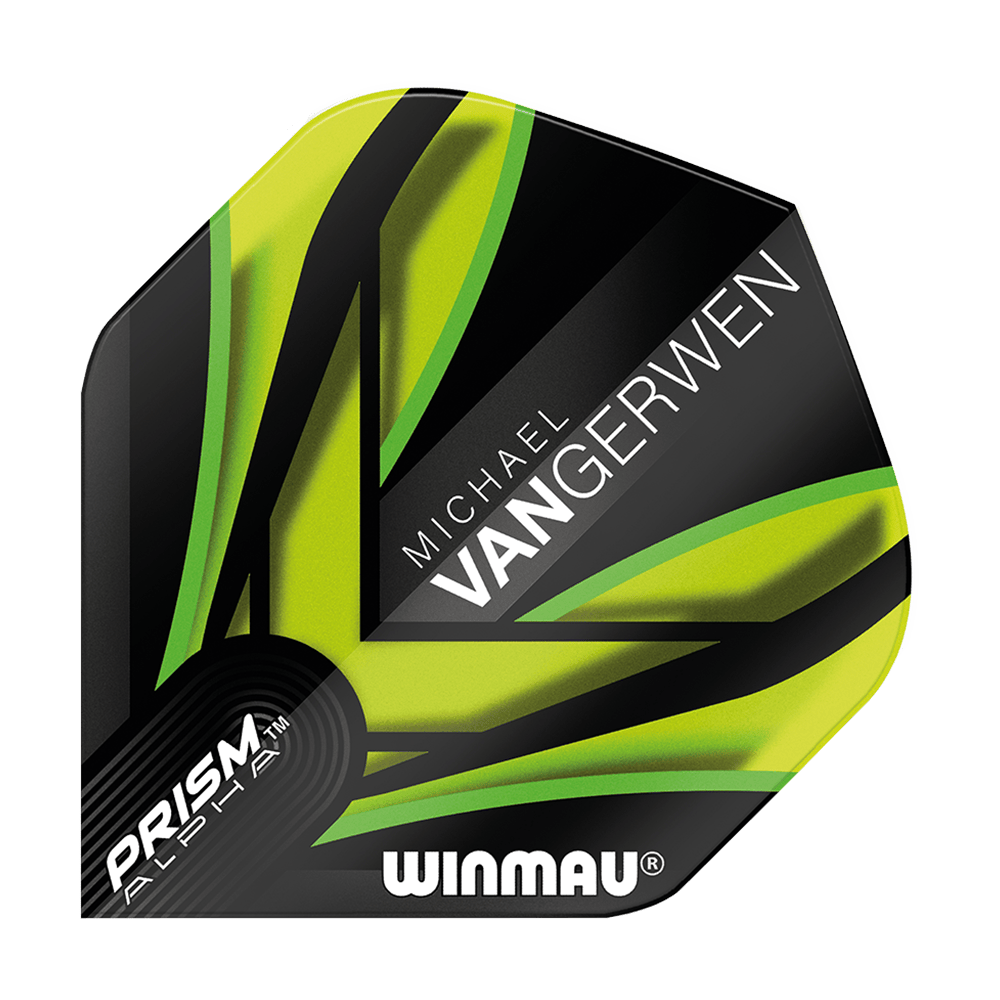 6915-145_Winmau_Prism_Alpha_MvG_Black_Green_V2_Standard_Flights_1x7JcQ6h7kBRAx Winmau Prism Alpha MvG Black Green V2 Standard Flights mit geometrischen Linien. Die Flights sind symmetrisch ausgelegt.