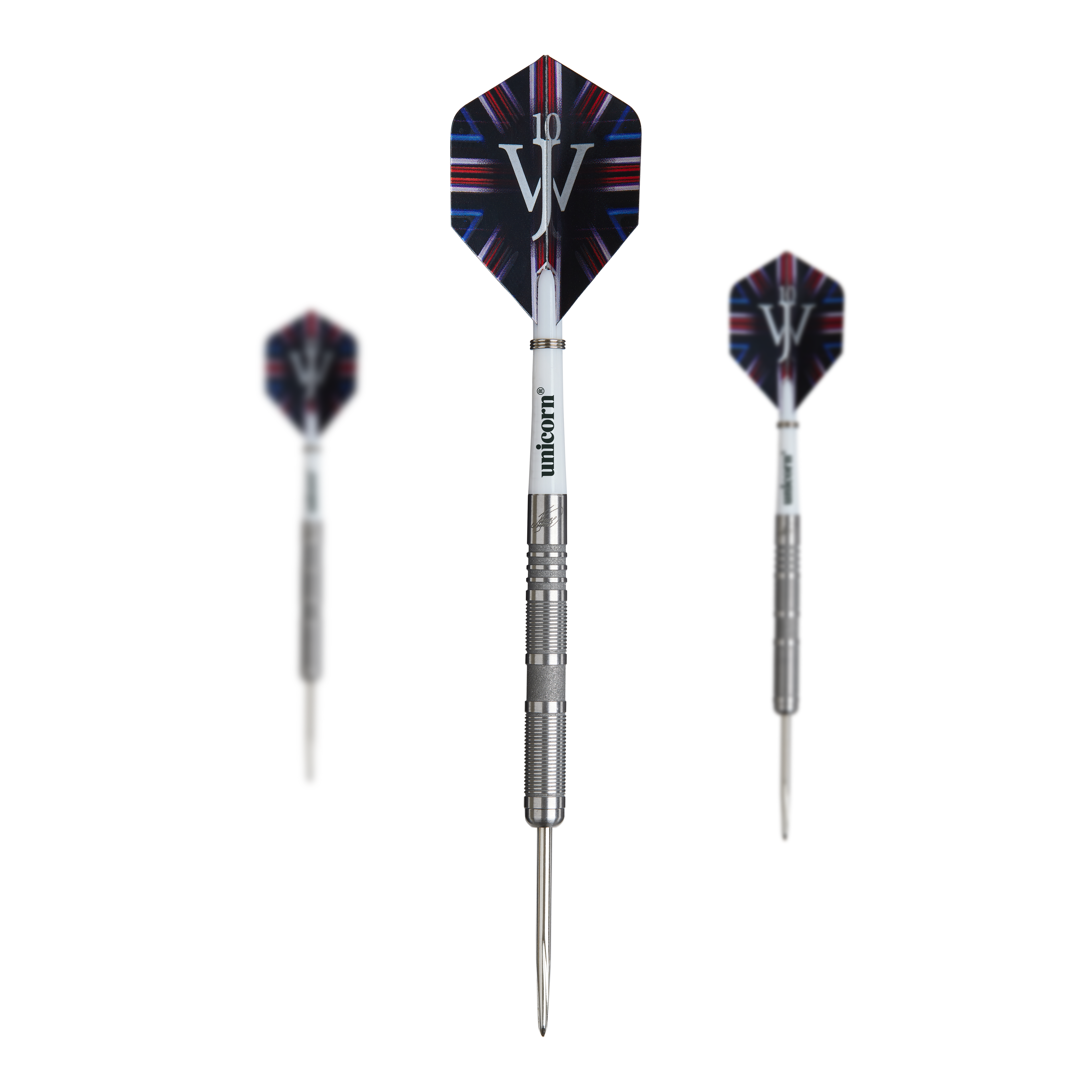 Unicorn James Wade The Machine Range Phase 4 Steeldarts Das Bild zeigt drei Steeldarts aus der "Unicorn James Wade The Machine Range Phase 4" Serie. Die Darts haben silberne Spitzen und auffällige Flights mit einem weißen "JW"-Logo.