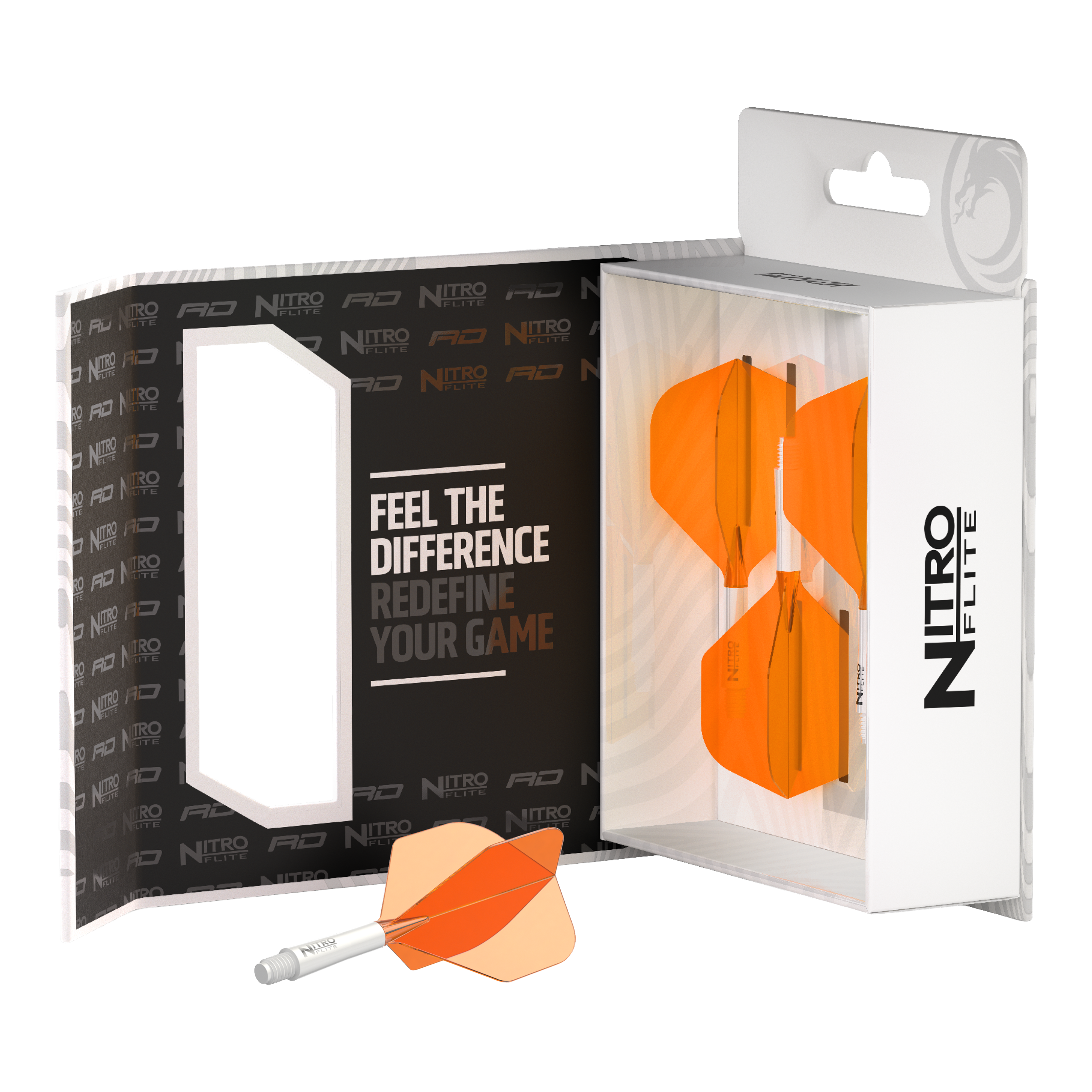 Abgebildet ist der Red Dragon Nitroflite White Shaft Orange Flights No2. Der Dart-Schaft ist weiß und die Flights sind orange.