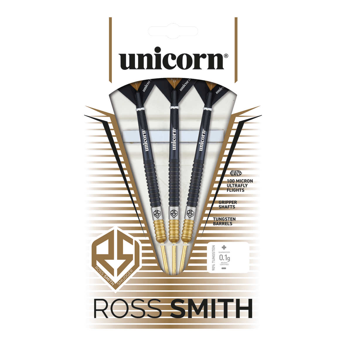 Unicorn Ross Smith Dwukolorowe stalowe lotki Das Bild zeigt die Unicorn Ross Smith Two-Tone Steeldarts in ihrer Verpackung. Die Verpackung hebt die Eigenschaften wie Gripper Shafts, 100 Micron Ultrafly Flights und Tungsten Barrels hervor.