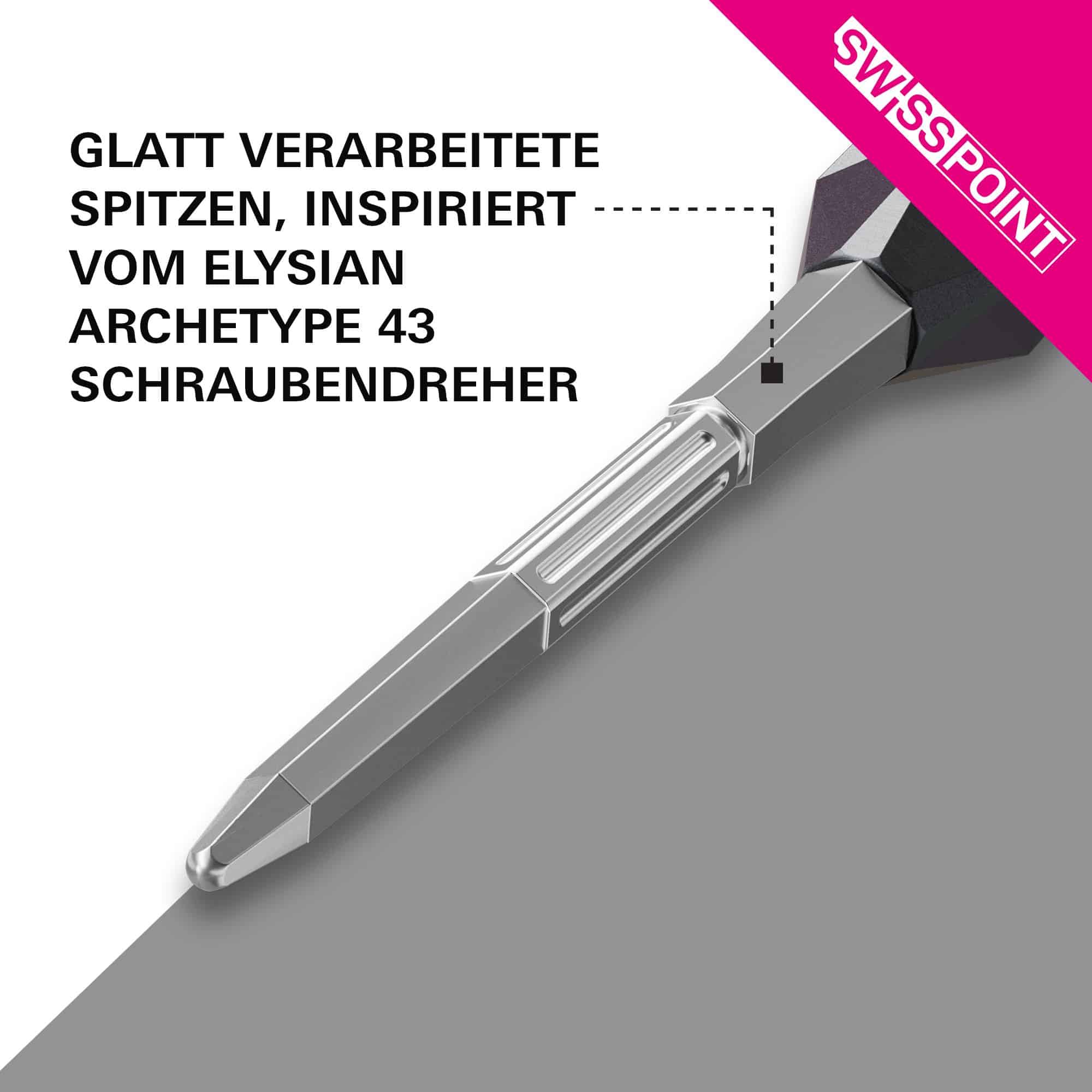Groty do lotek Target Elysian Archetype 43 Swiss Point Steel – srebrne Target Elysian Archetype 43 Swiss Point Steeldartspitzen - Silber. Auf dem Bild sind silberne Dartspitzen für Steel-Darts zu sehen.