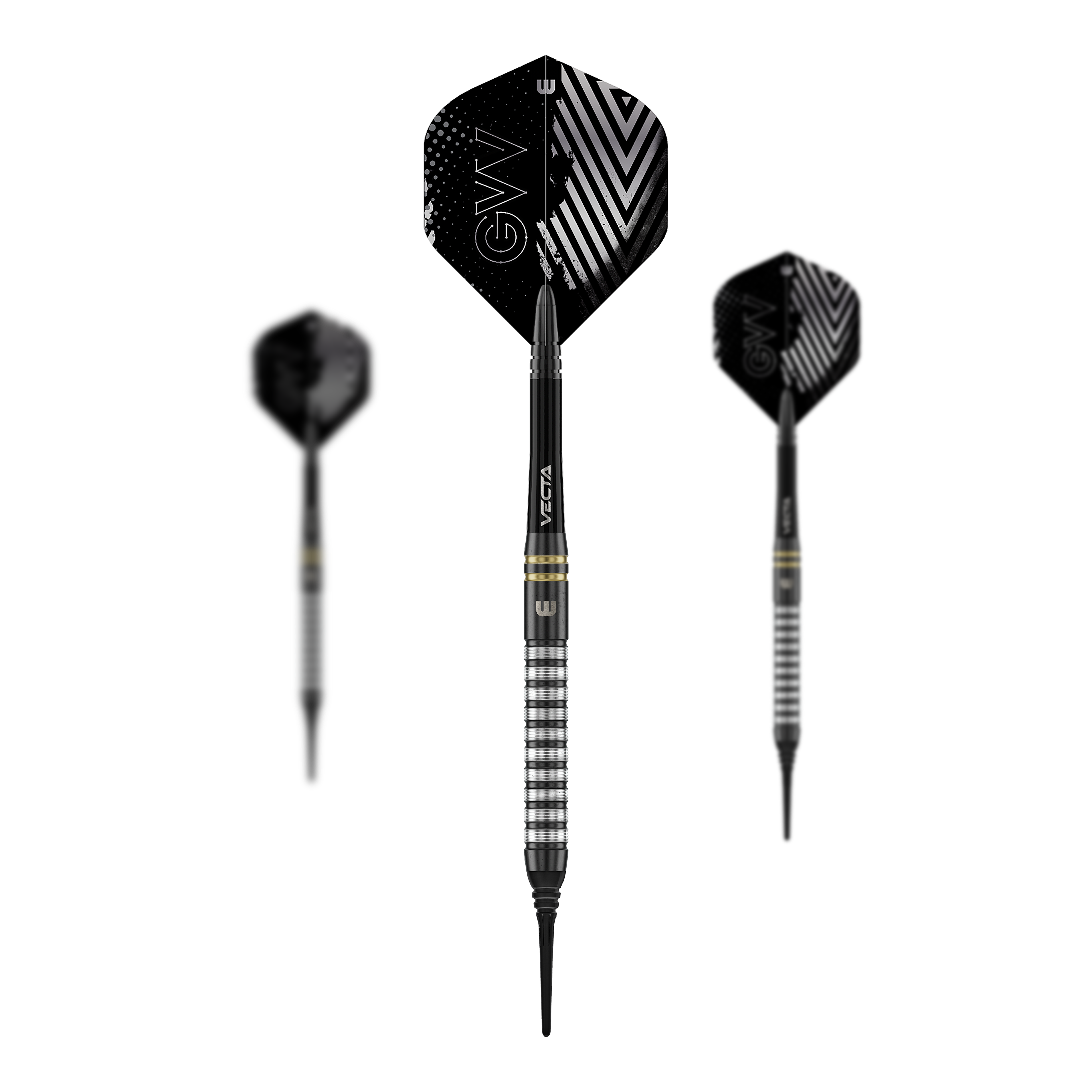 Miękkie rzutki Winmau Gian Van Veen TS - 18g Das Foto zeigt ein Set der Winmau Gian Van Veen TS Softdarts 18g. Alle Darts liegen nebeneinander auf einer ebenen Fläche.