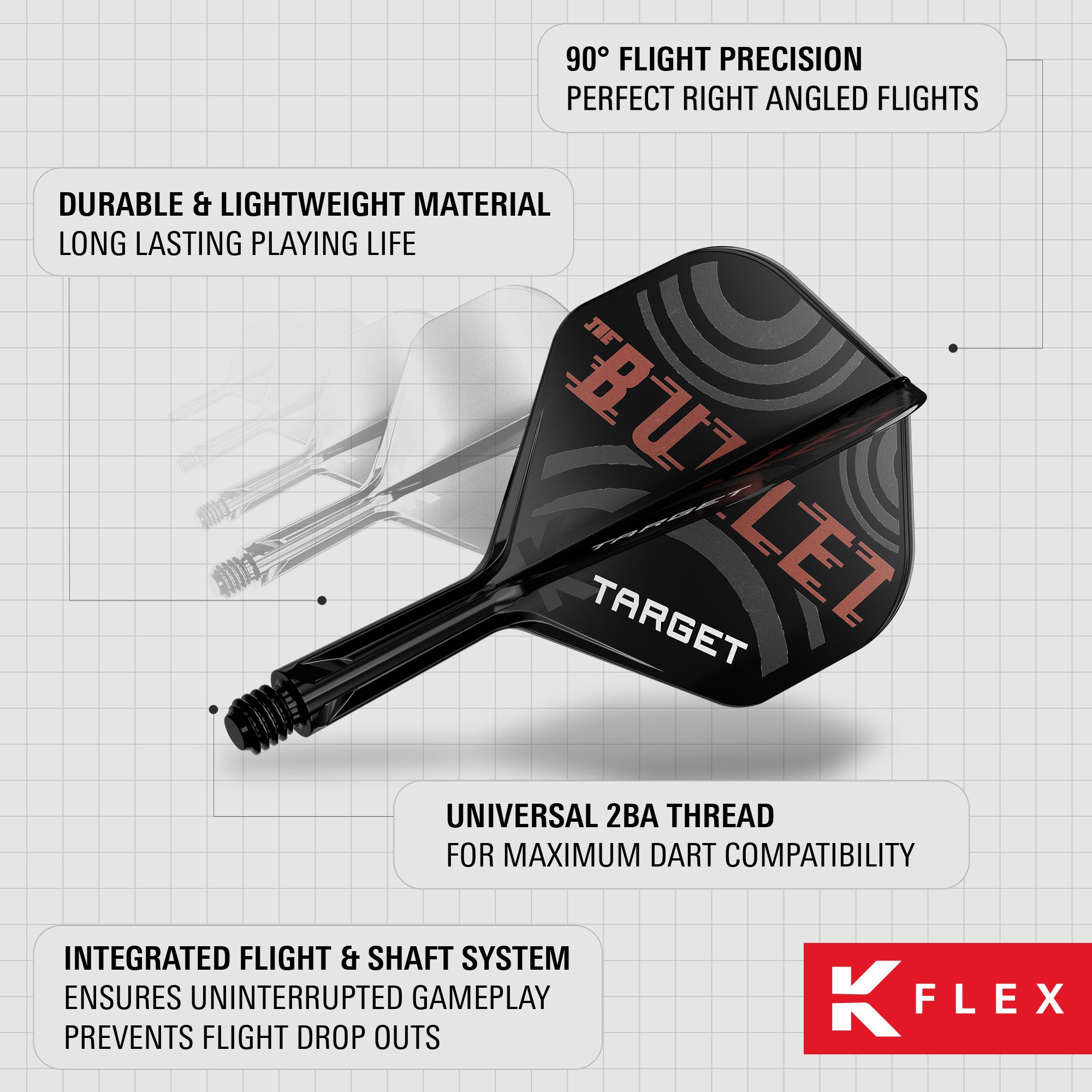 System wałów lotniczych Target K-Flex Stephen Bunting No2 Standard Das Bild zeigt die Target K-Flex Stephen Bunting No2 Standard Flights mit integriertem Flight- und Shaft-System. Sie bestehen aus langlebigem, leichtem Material und bieten eine präzise 90° Flugposition.