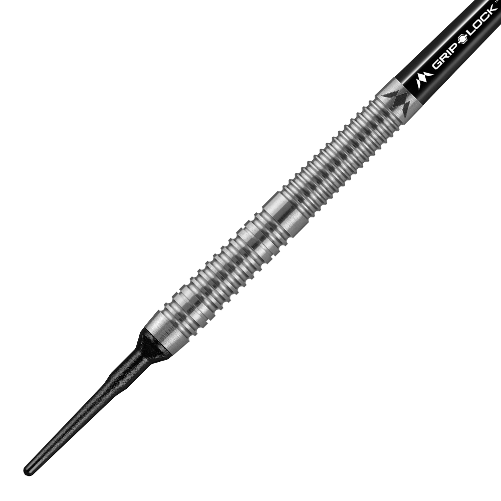 Das Bild zeigt einen Mission Octane Model 1 Softdart mit einem Gewicht von 20g. Der Dart hat ein silbernes, geriffeltes Barrel und eine schwarze Kunststoffspitze.