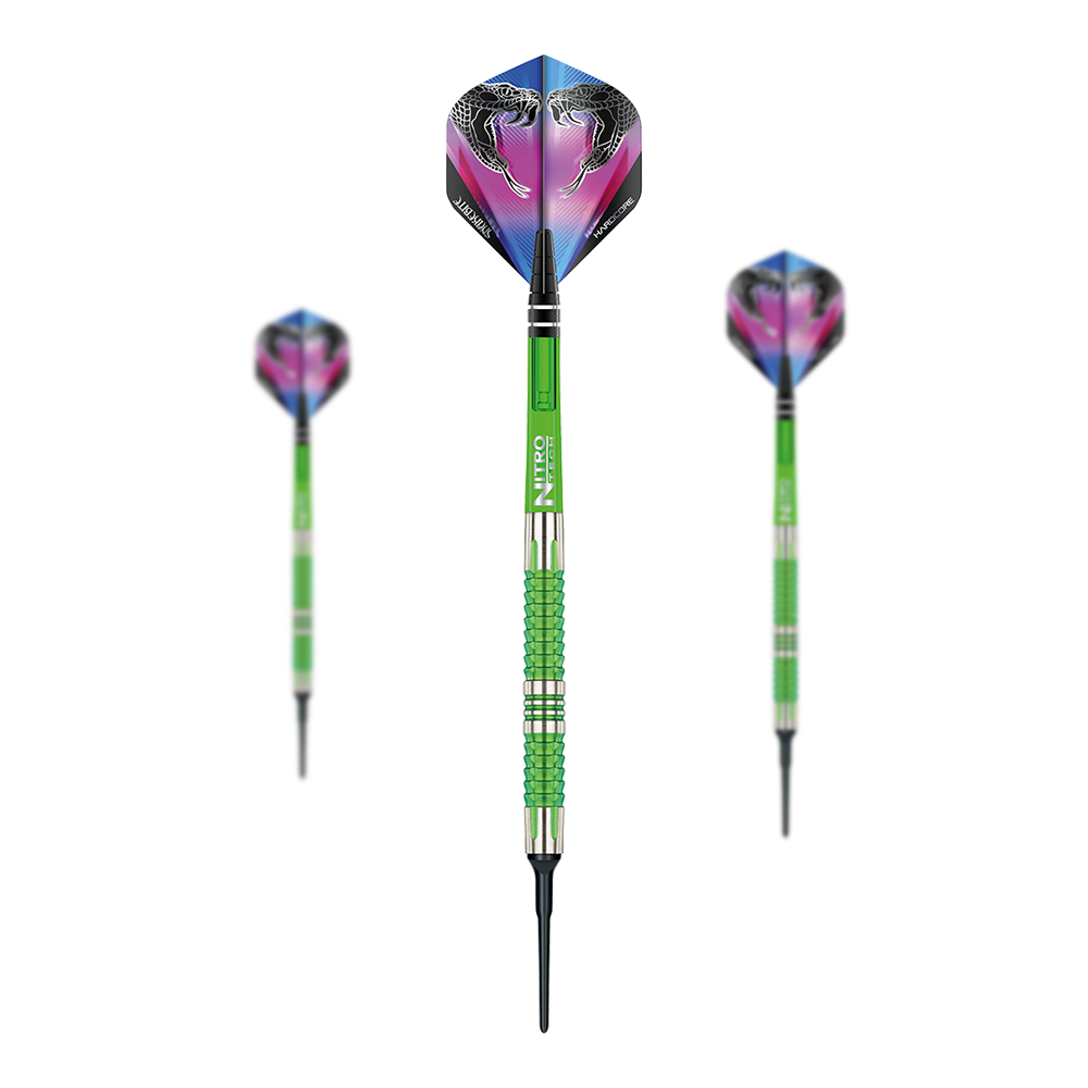 Das Bild zeigt drei Softdarts des Modells "Red Dragon Peter Wright Snakebite Mamba 2". Die Darts sind grün-silbern und haben bunte Flights mit Schlangenmotiven.
