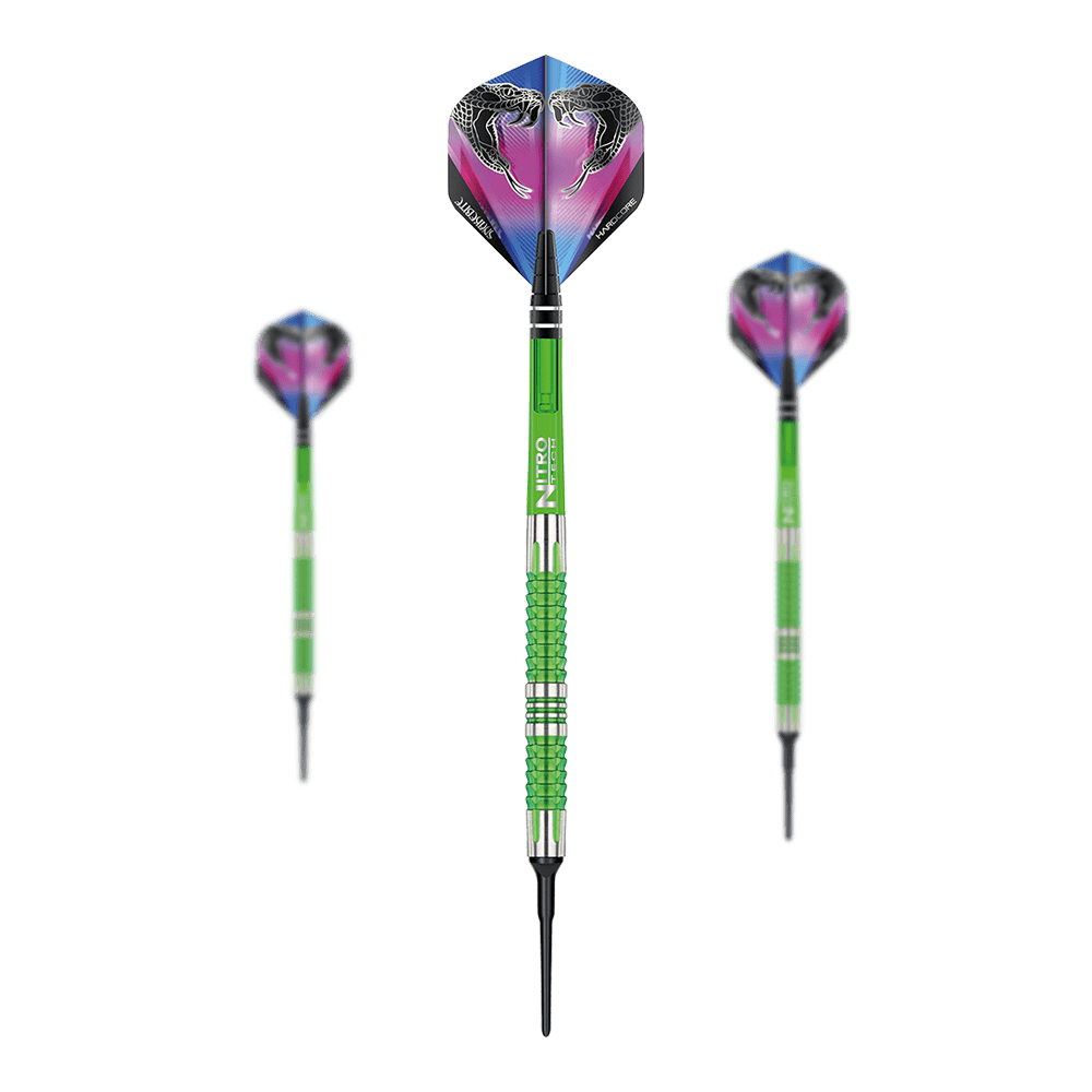 Red Dragon Peter Wright Snakebite Mamba 2 miękkie lotki Red Dragon Peter Wright Snakebite Mamba 2 Softdarts. Das Bild zeigt Softdarts mit Schlangenmotiv.