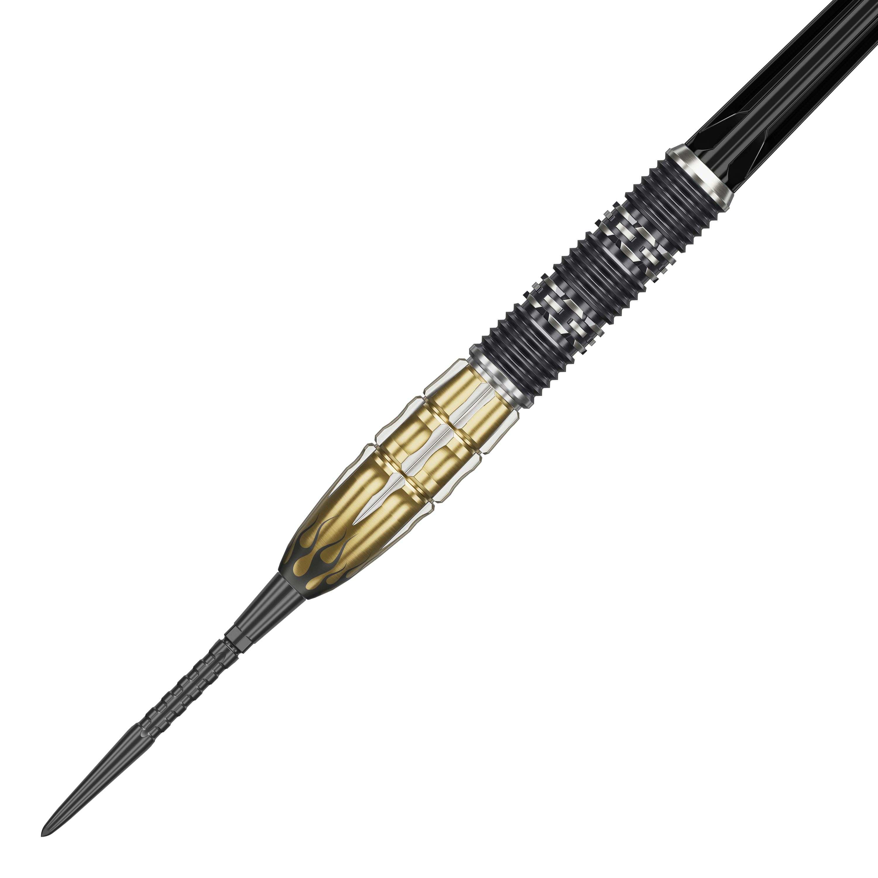 Lotki stalowe Target Japan Pyro GEN11 Swiss Point - 22 g Das Bild zeigt den Target Japan Pyro GEN11 Swiss Point Steeldart mit einem Gewicht von 22g. Der Dart ist schwarz-gold gefärbt und hat ein auffälliges Flammen-Design am vorderen Teil.