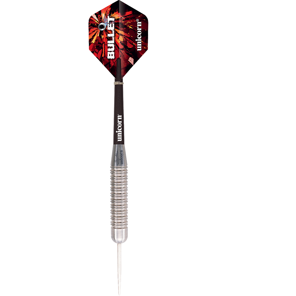 27520_Unicorn_Bullet_Gary_Anderson_Steeldarts_1O3xThy3ZF053O Das Bild zeigt einen Unicorn Bullet Gary Anderson Steeldart mit einem Gewicht von 22 Gramm. Der Dart hat eine metallische Spitze, einen geriffelten Griff und bunte Flights.