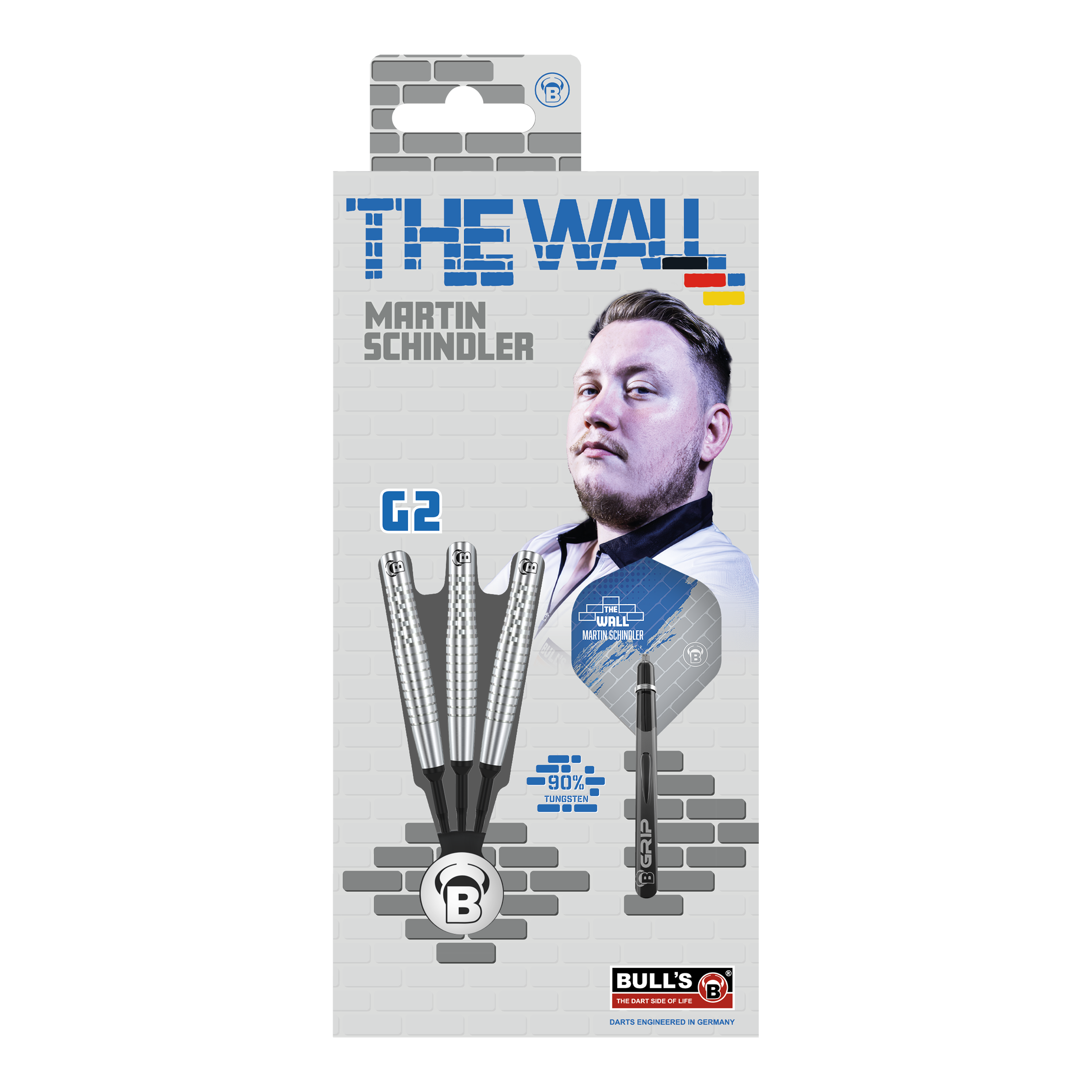 Bulls Martin Schindler Original Generation 2 miękkie lotki Die Verpackung zeigt die "Bulls Martin Schindler Original Generation 2 Softdarts". Auf der Vorderseite ist ein Bild von Martin Schindler und die Darts selbst abgebildet.