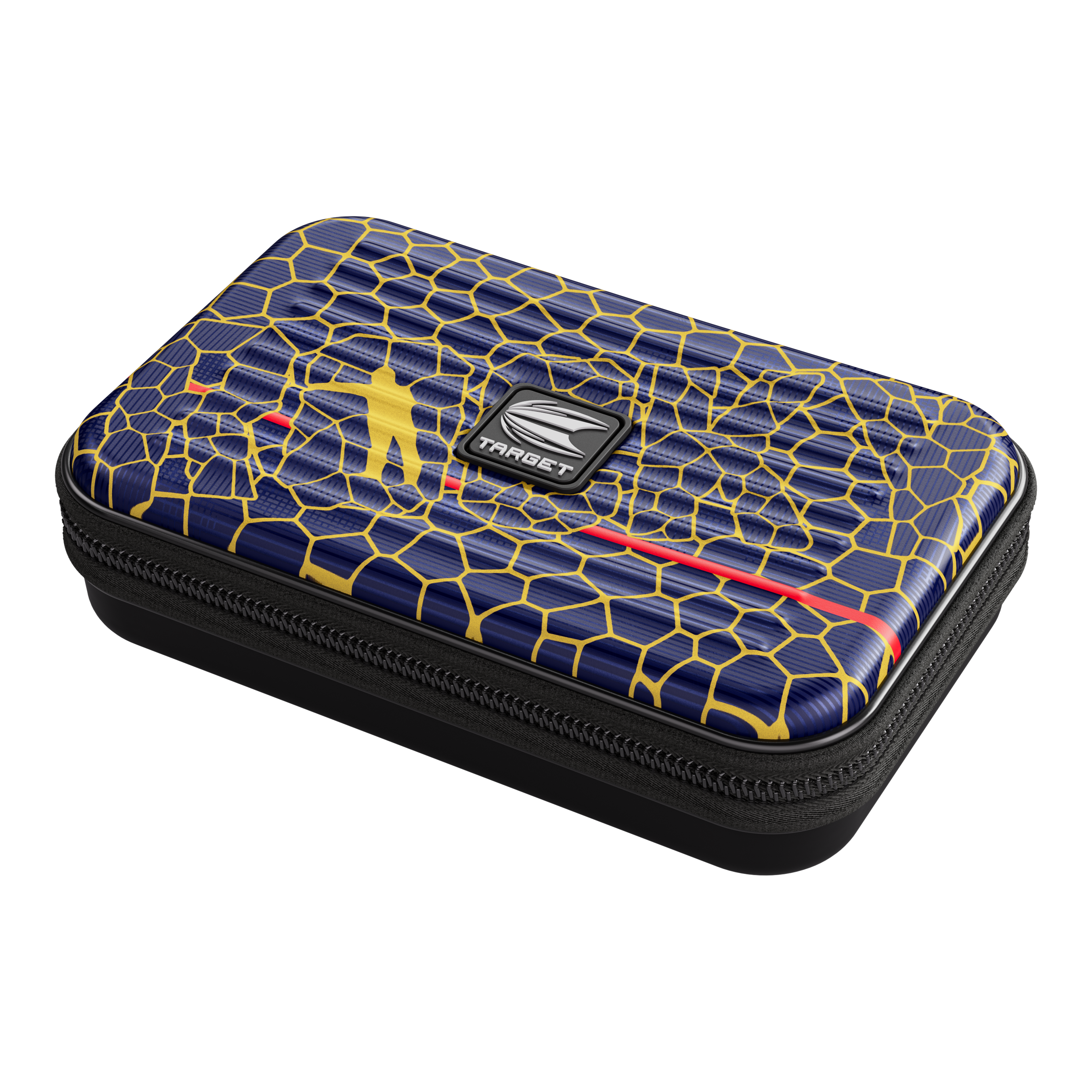 Etui na lotki Target Takoma Josh Rock XL Das Bild zeigt das Produkt "Target Takoma Josh Rock XL Dartcase". Das Dartcase hat ein blaues Design mit gelben Linien und einem roten Streifen sowie ein zentrales "Target"-Logo.