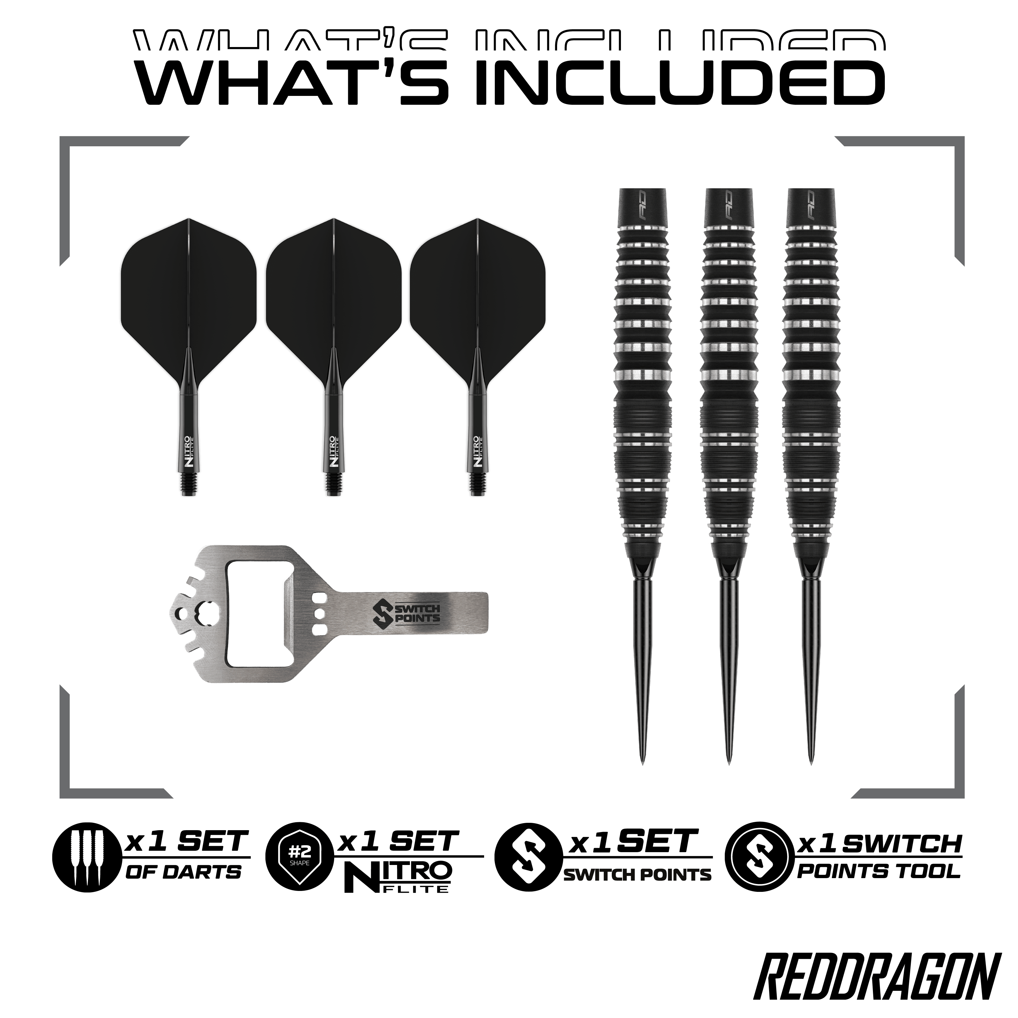 Rzutki stalowe Red Dragon Sable Bomb Switch Point Das Bild zeigt die Red Dragon Sable Bomb Switch Point Steeldarts. Die Darts haben ein markantes Design und sind speziell für das Steeldartspiel entwickelt.