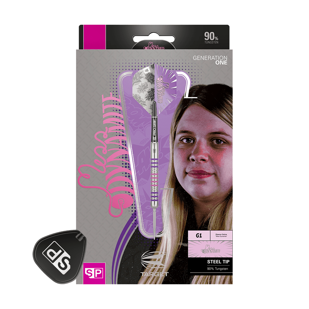 Die Abbildung zeigt die Target Eleanor Cairns GEN1 Swiss Point Steeldarts mit 24g Gewicht. Die Verpackung ist überwiegend lila und zeigt neben dem Dartpfeil ein Porträt einer Frau.