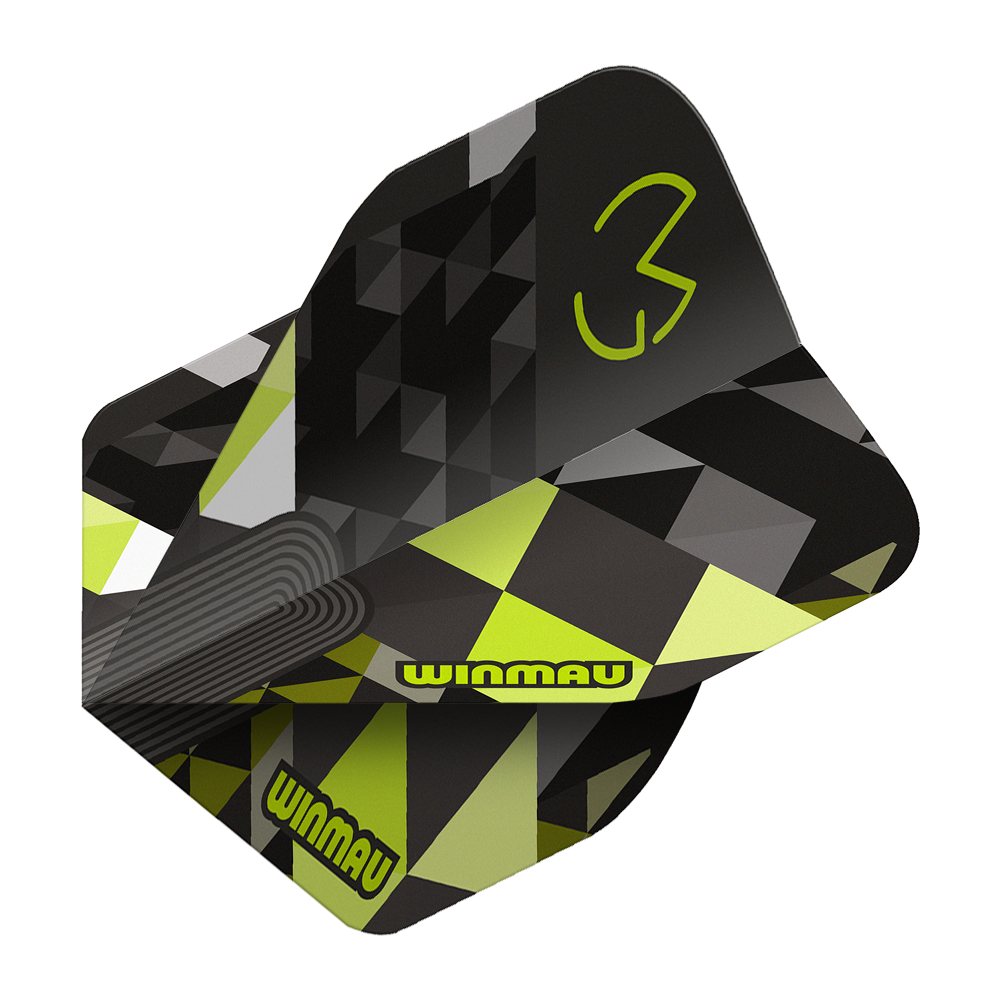 Winmau Prism Delta MvG Logo Green No2 Standard Flights Das Bild stellt Winmau Prism Delta MvG Logo Green No2 Standard Flights dar. Grüne Dart-Flights mit einem markanten Logo sind abgebildet.
