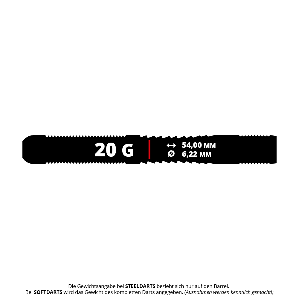 Stalowe lotki Bulls NL Benjamin Pratnemer - 20g Das Bild zeigt den Barrel des Bulls NL Benjamin Pratnemer Steeldarts mit einem Gewicht von 20 Gramm. Die Länge beträgt 54,00 mm und der Durchmesser 6,22 mm.
