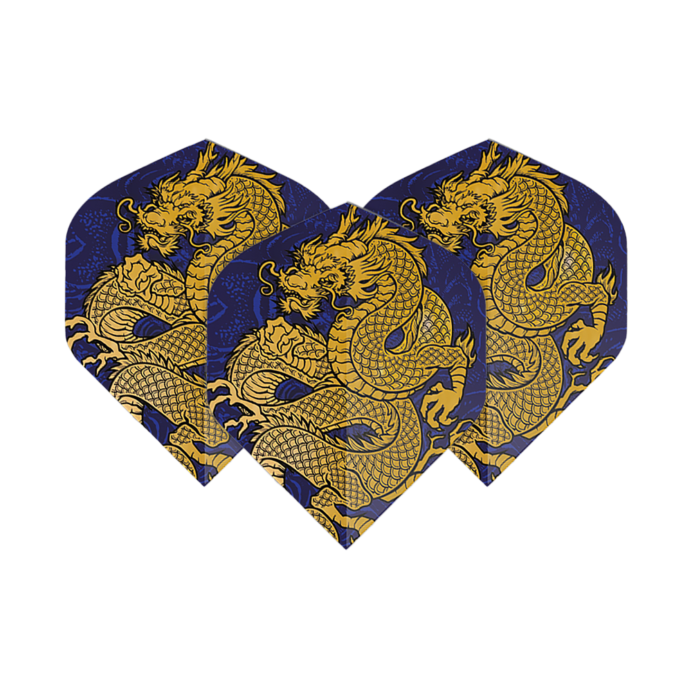 Pentathlon Flights Dragon niebieski Auf dem Bild sind drei Dartflights mit einem auffälligen goldenen Drachendesign auf dunkelblauem Hintergrund zu sehen. Es handelt sich um die "Pentathlon Dragon 4 Standard Flights".