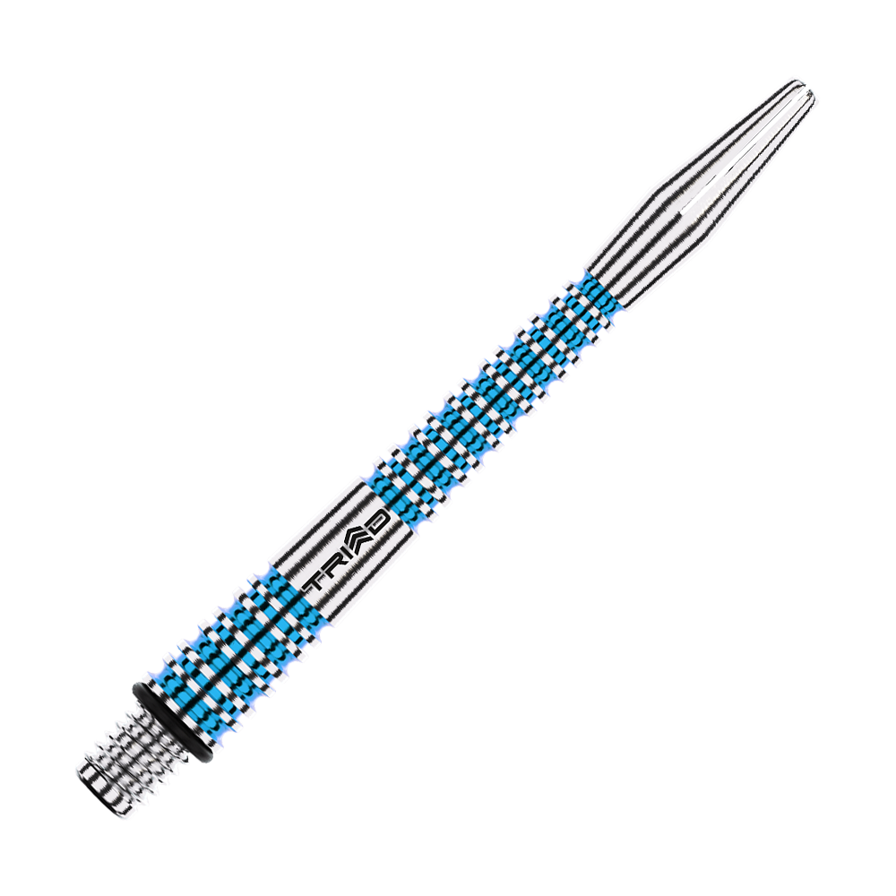 Winmau Triad RX Aluminium Shafts - Blau Das Bild zeigt einen blauen und silbernen Aluminium-Dartshaft mit dem Schriftzug "TRIAD". Der Schaft hat eine gerändelte Oberfläche für besseren Halt und ist 46 mm lang.