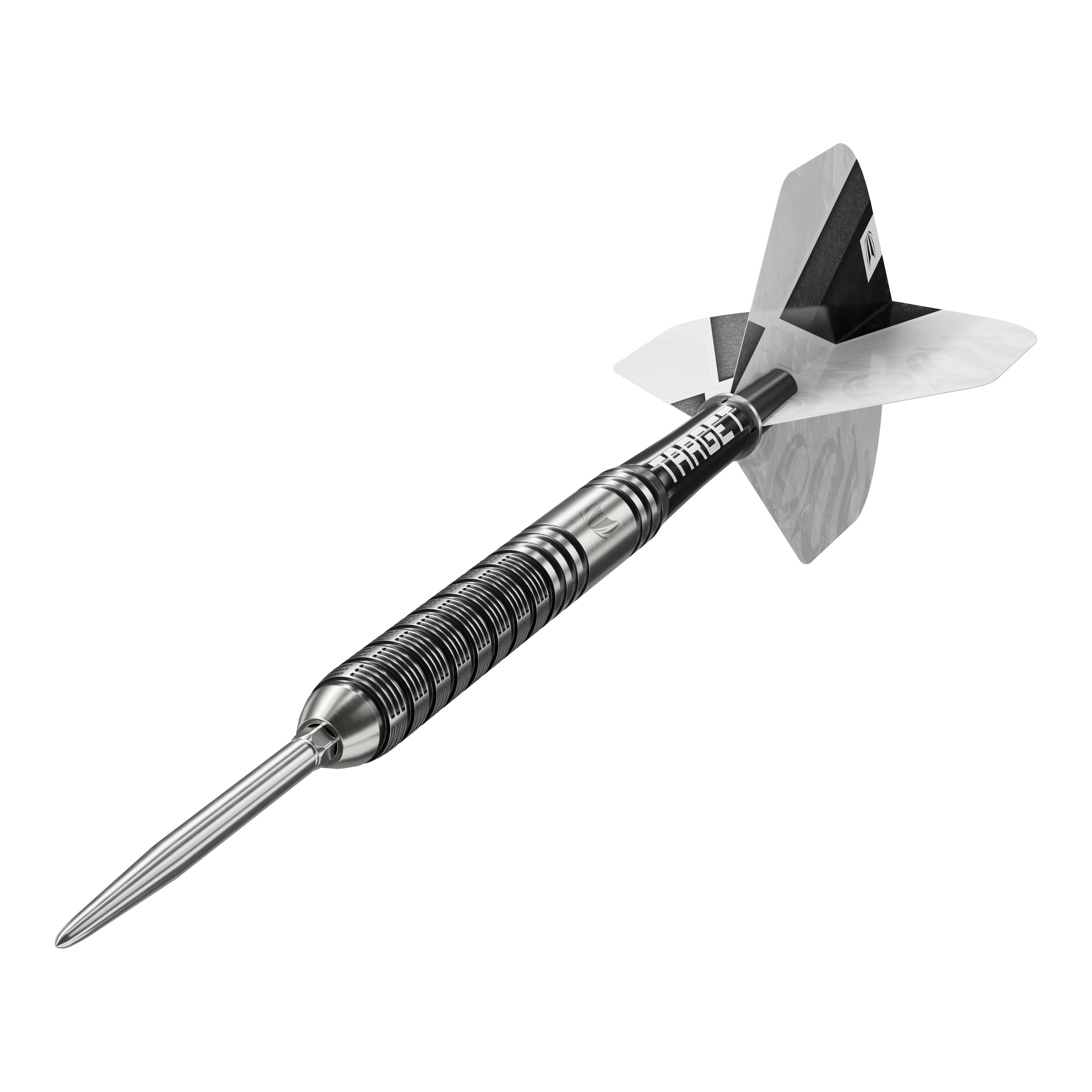 Target Beau Greaves GEN1 Swiss Point Steeldarts Hier werden die Target Beau Greaves GEN1 Swiss Point Steeldarts in einer weiteren Perspektive gezeigt. Das Bild hebt die Form und das Design der Darts hervor.