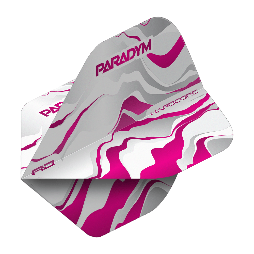 Das Bild zeigt die Red Dragon Hardcore Premium Paradym Pink Premium No2 Standard Flights. Es handelt sich um Dartflights in einer auffälligen pinken Farbe.