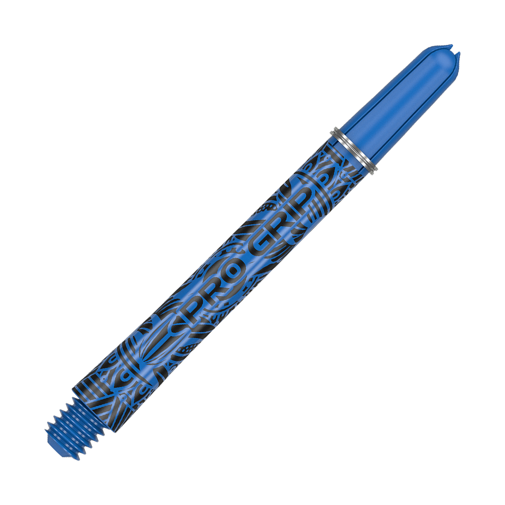 Auf dem Bild ist ein blauer Dartshaft mit der Aufschrift "PRO GRIP" zu sehen. Das Design ist mit schwarzen Mustern verziert und das Material sieht aus Kunststoff aus.