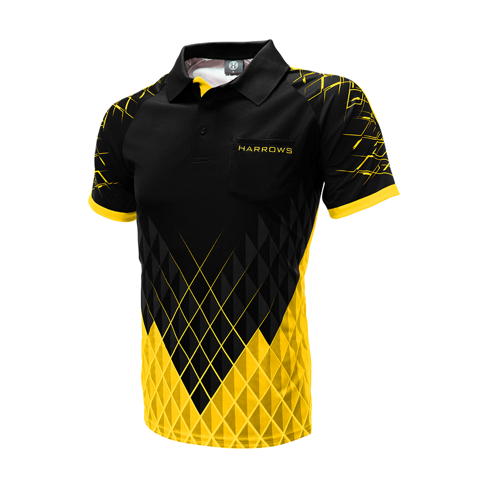 HRS-26517_Harrows_Paragon_Dartshirt_Gelb_3 Das Bild zeigt das Harrows Paragon Dartshirt in Gelb mit auffälligem schwarzen und gelben Rautenmuster. Auf der Brust befindet sich eine kleine Tasche mit dem Schriftzug "HARROWS".