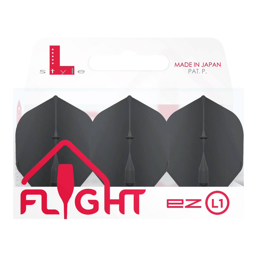 Die Abbildung zeigt eine Packung mit L-Style Champagne L1EZ Standard Flights. In der Verpackung befinden sich drei schwarze Dartflights.