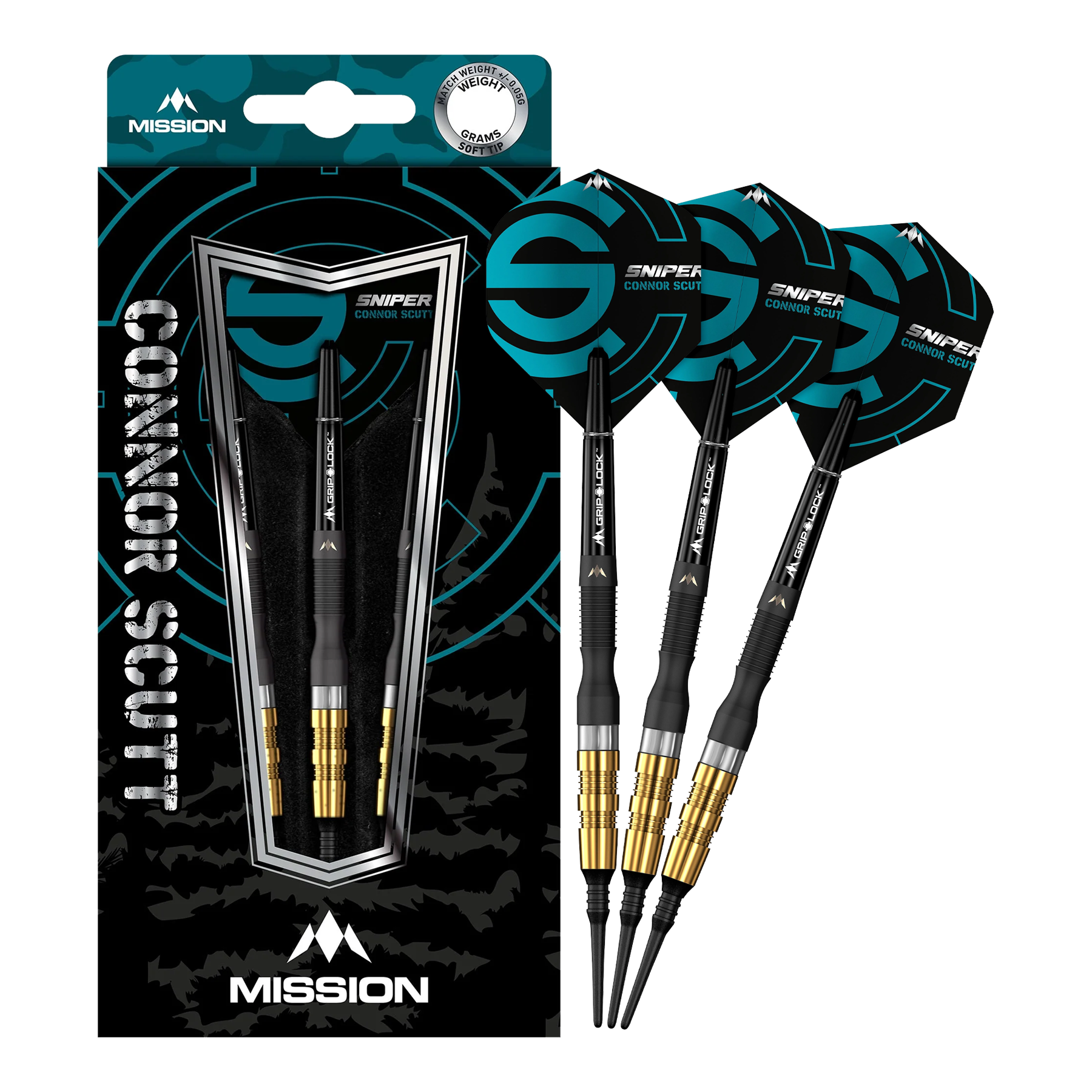 Das Bild zeigt das Produkt „Mission Connor Scutt Sniper Black Gold Softdarts - 20g“ in seiner Verpackung. Drei schwarze Darts mit goldenen Akzenten sind sowohl außerhalb als auch innerhalb der Verpackung zu sehen.