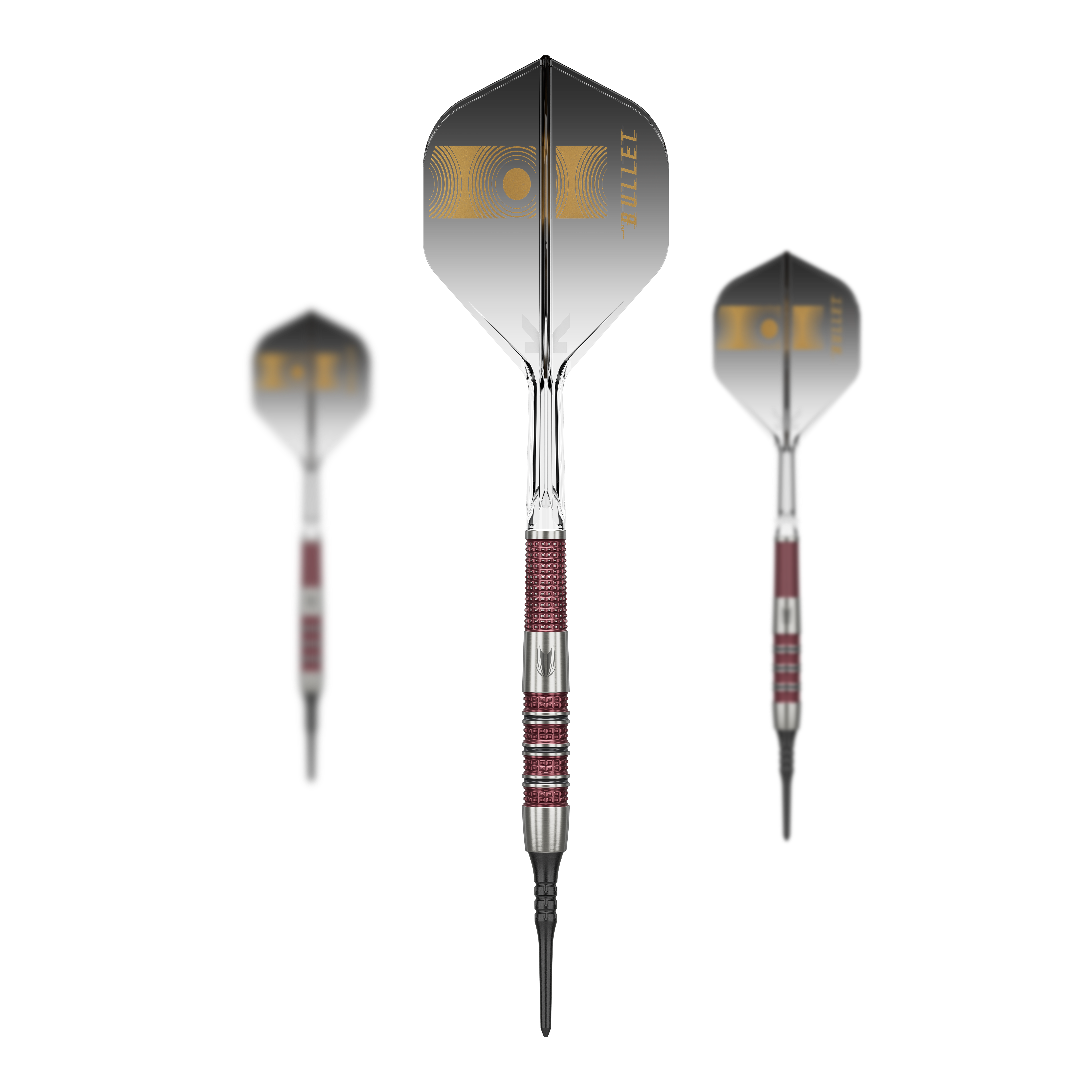 Target Stephen Bunting 95K Miękkie lotki - 19g Auf dem Bild sind drei Softdarts des Modells „Target Stephen Bunting 95K“ mit einem Gewicht von 19g zu sehen. Die Darts haben schwarze Flights mit goldener Aufschrift und silber-rote Griffe.