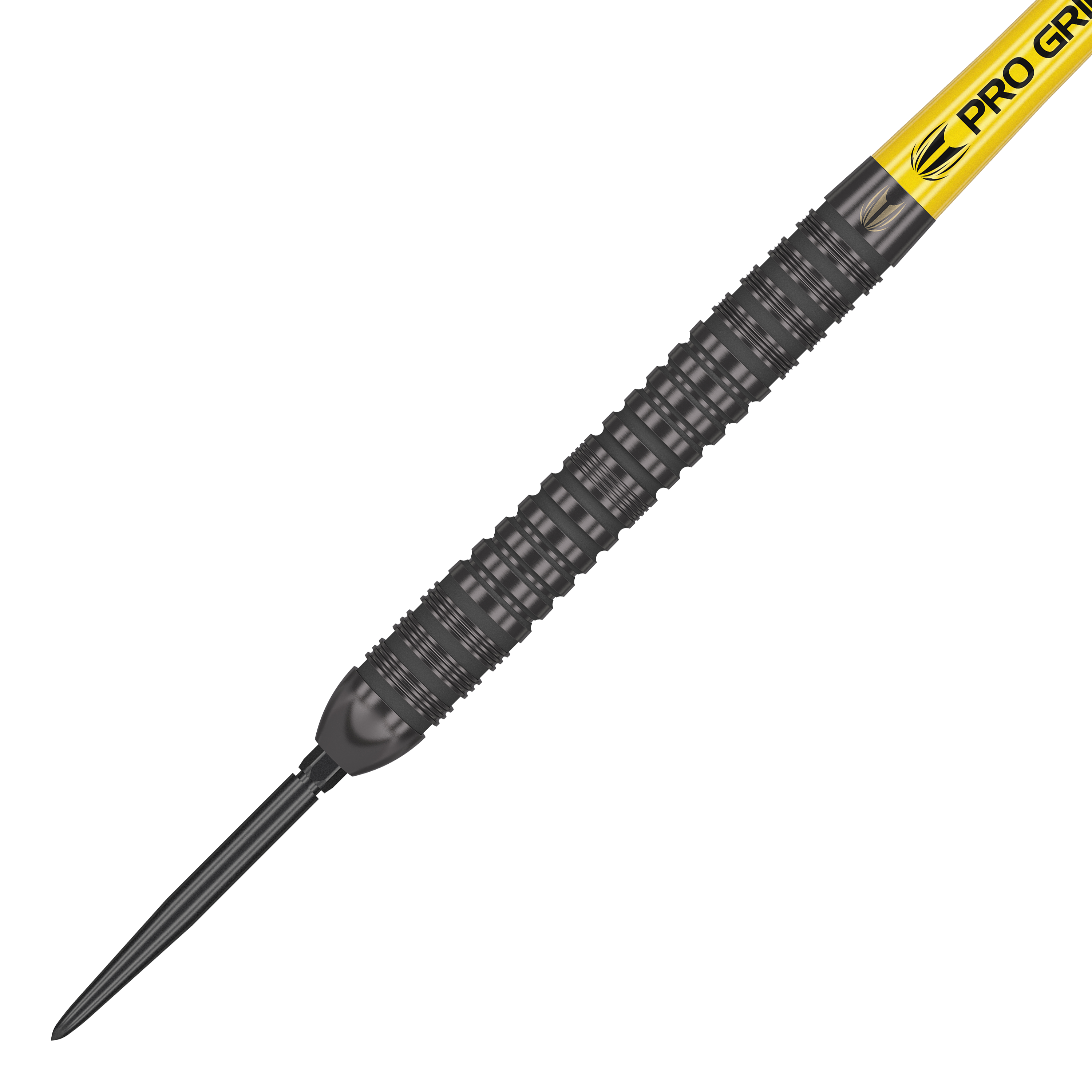 Stalowe lotki Target Bolide Void 04 Swiss Point Das Bild zeigt einen Target Bolide Void 04 Swiss Point Steeldart. Der Dart hat ein schwarzes, geriffeltes Barrel und einen gelben Schaft mit der Aufschrift "PRO GRIP".