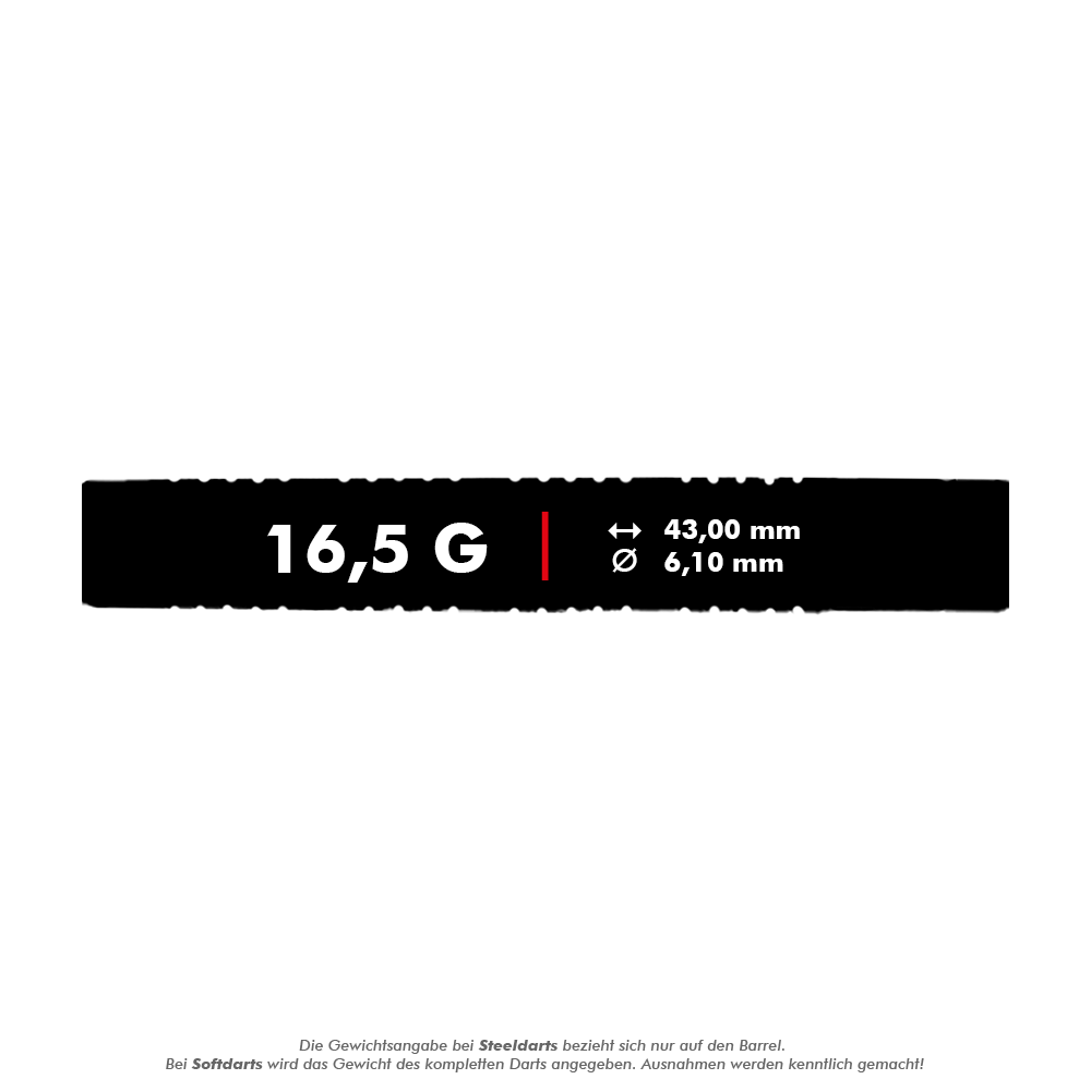 Softdarts McDart 85 Tungsten V17 - 16,5g Das Bild zeigt die technischen Daten des Produkts "McDart 85er Tungsten V17 Softdarts - 16,5g". Der Dart wiegt 16,5 Gramm, ist 43,00 mm lang und hat einen Durchmesser von 6,10 mm.