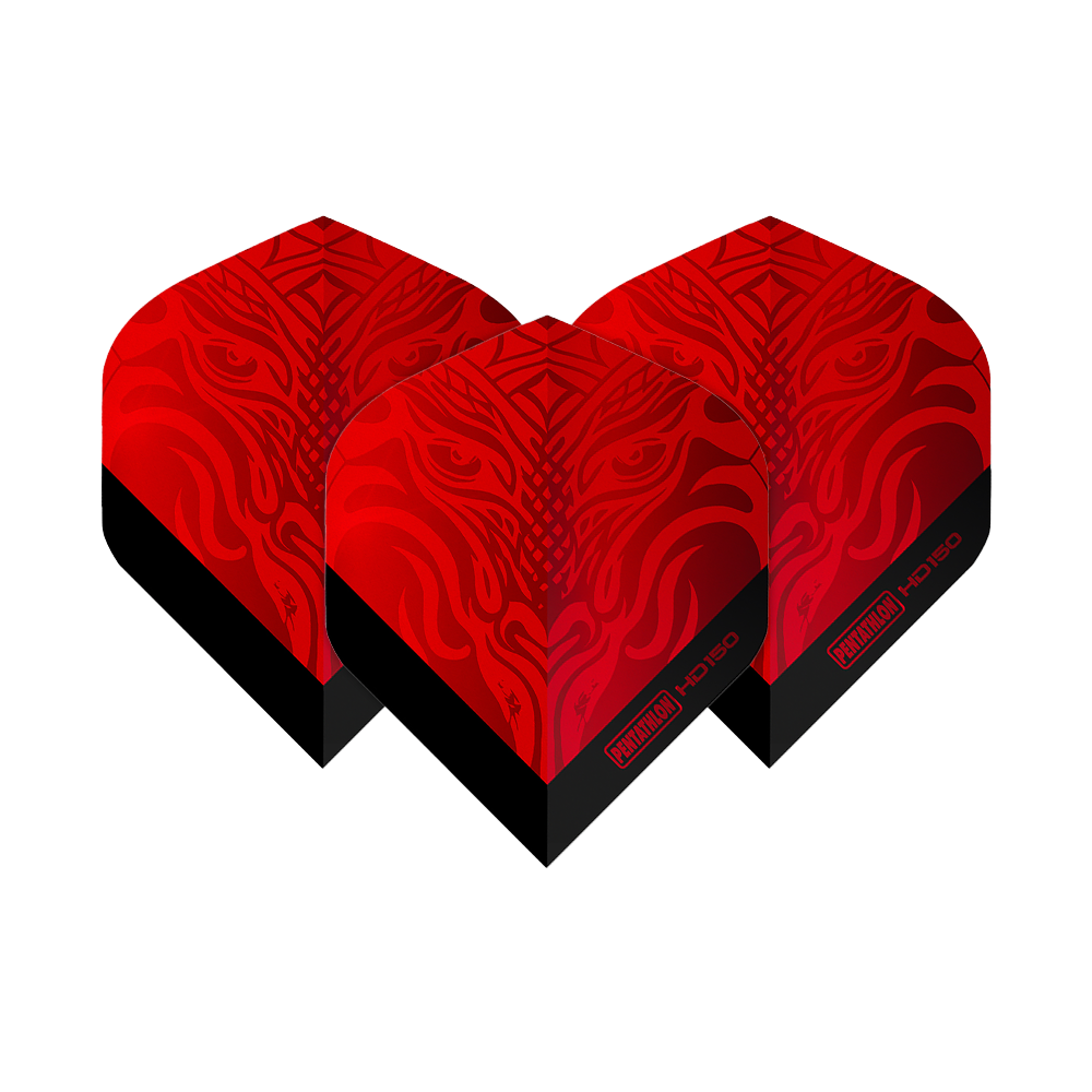 Pentathlon HD150 Metallic Red Standard Flights Das Bild zeigt drei rote Dart-Flights mit einem auffälligen, metallischen Muster. Auf den Flights steht "Pentathlon HD150" in schwarzer Schrift.