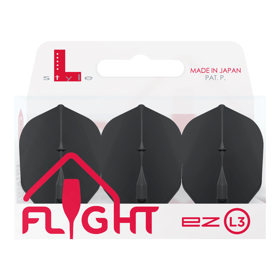 Loty L-L-Style3EZ Auf dem Bild ist eine Packung mit drei schwarzen Dartflights der Marke L-Style zu sehen. Die Verpackung trägt die Aufschrift „MADE IN JAPAN“ und „FLIGHT ez L3“.