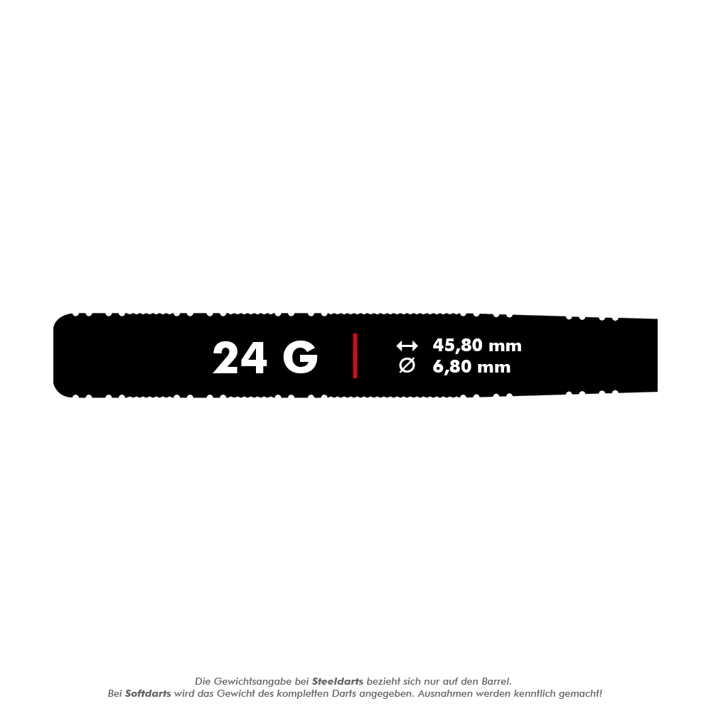 M001355_Mission_Alan_Soutar_Black_Titanium_Steeldarts_5_24g Das Bild zeigt die Produktspezifikationen der Mission Alan Soutar Black Titanium Steeldarts mit einem Gewicht von 24 Gramm. Die Länge beträgt 45,80 mm und der Durchmesser 6,80 mm.
