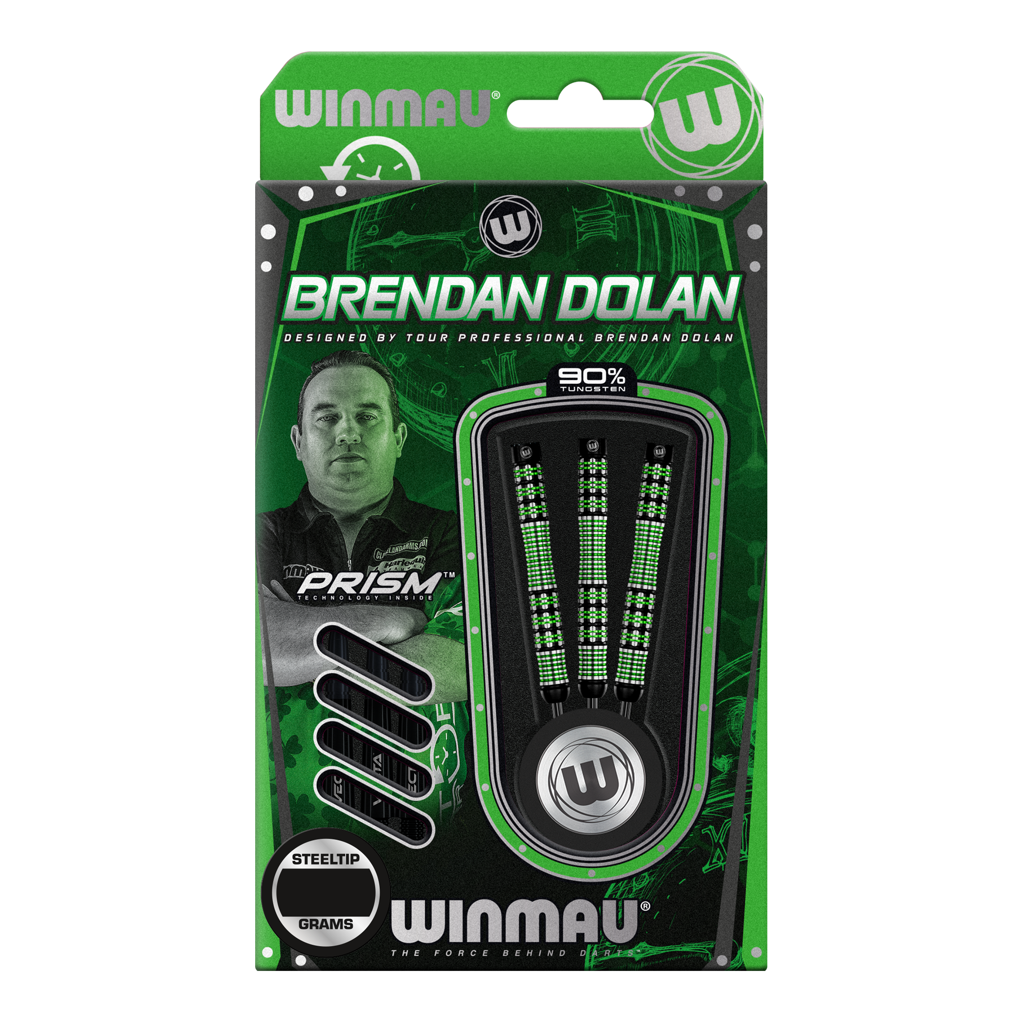 Stalowe lotki Winmau Brendan Dolan Die Abbildung zeigt eine Verpackung der Winmau Brendan Dolan Steeldarts. In der Packung sind drei Darts mit schwarzem und grünem Design zu sehen.